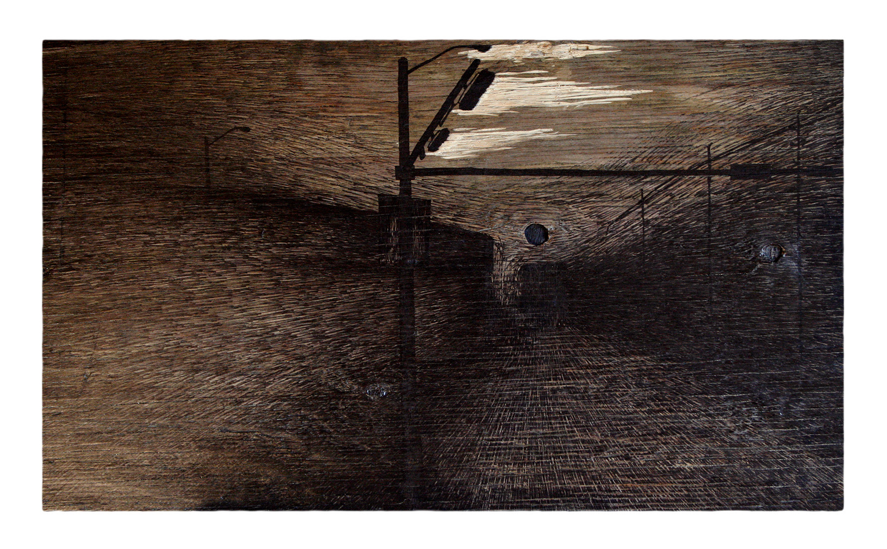 »Biscayne Blvd«, 2010, marker on wood, scratched into wood, 77 × 45 cm, Artwork by Lena Schmidt, www.lenaschmidt.com, Art, Wood, Drawing, Painting, Carving