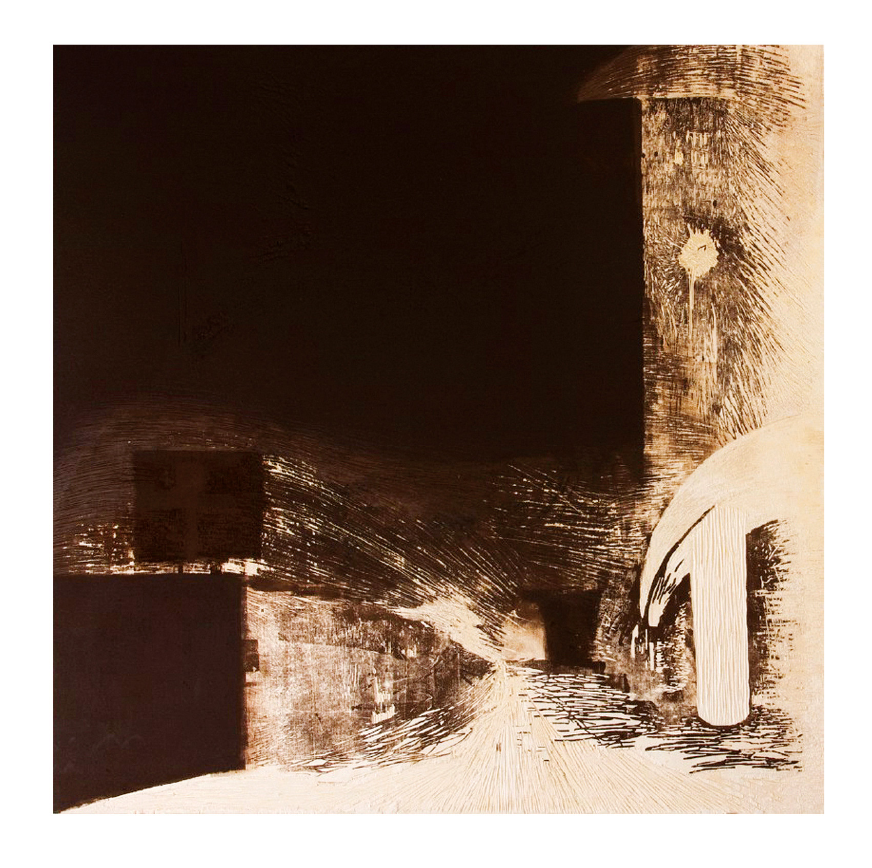 »Hammerbrookstr.«, 2009, painted, printed scratched wood, 81 × 80 cm, Artwork by Lena Schmidt, www.lenaschmidt.com, Art, Wood, Drawing, Painting, Carving