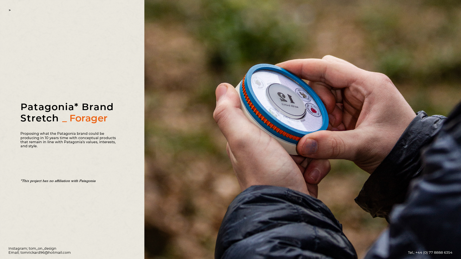holding model of the forager locate tool by tom Rickard with forest floor background next to project brief