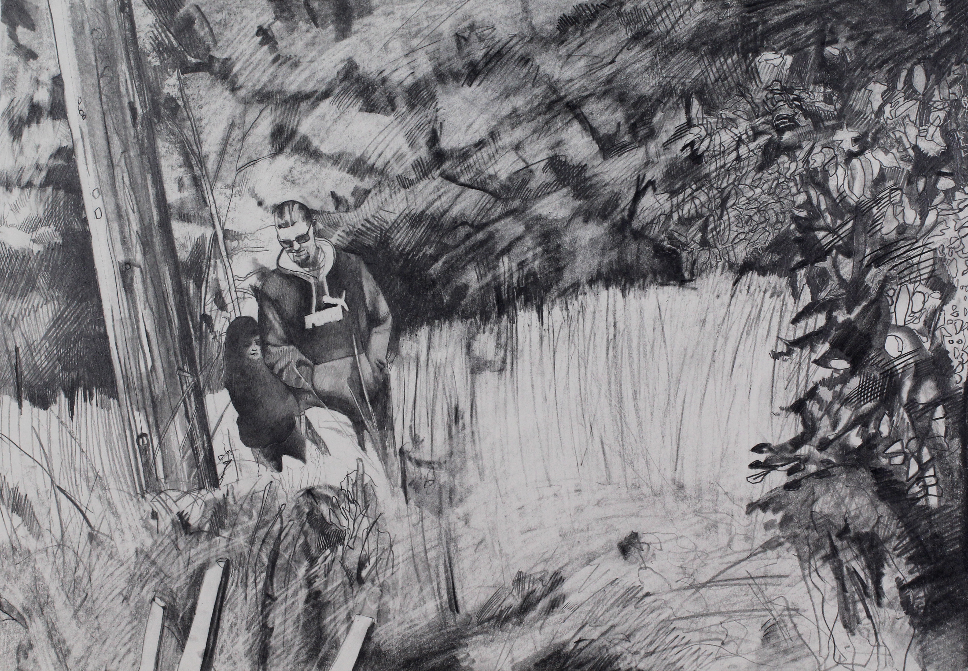 "Guide Me Through: the deep woods / the scars", graphite on paper, 14" x 20", 2021