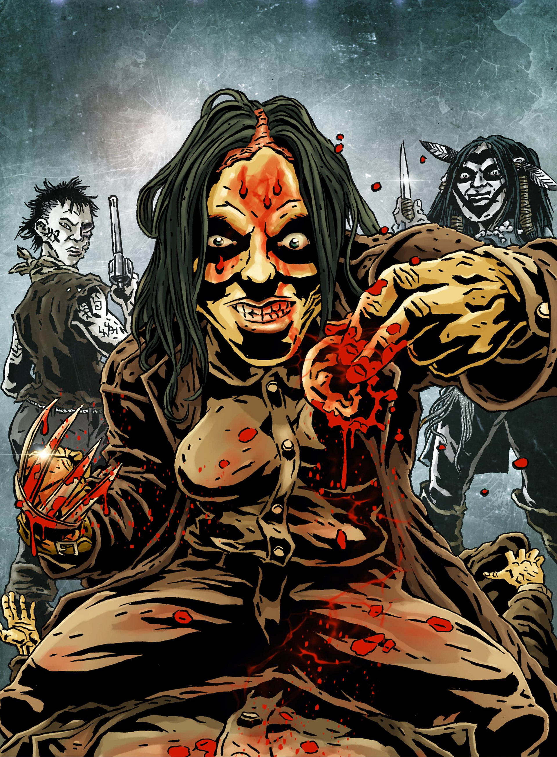 In this illustration by Kurt Belcher, Mia rips off Gomez's ear and shows it to him while Gloria and Delicate Poison stand sentry in the background.