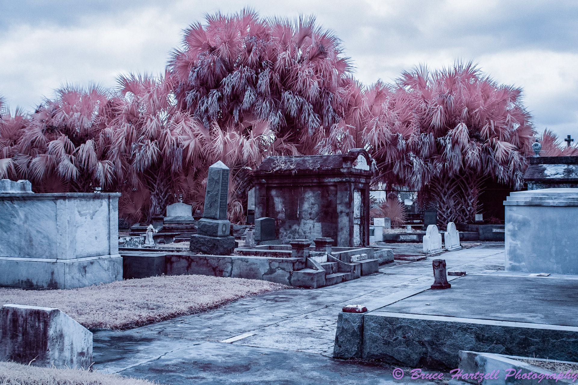 Oddfellows Cemetery, New Orleans, Louisiana. Infrared. PS, LR, Silver Effects Pro adjustments. See and share more like this at:  http://aayyeeee.myportfolio.com
