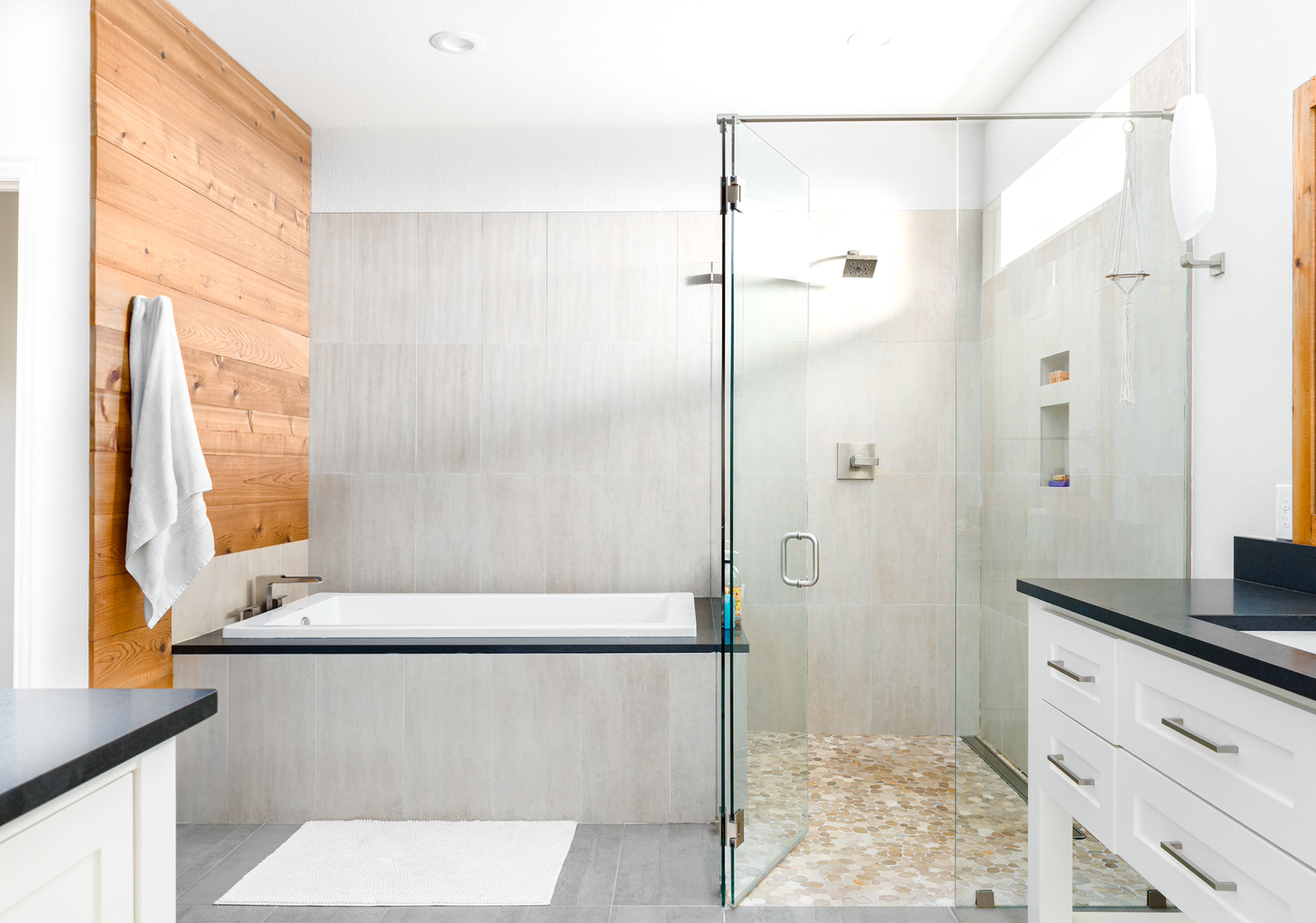 Dallas Bright modern bathroom with natural wood details interior photo