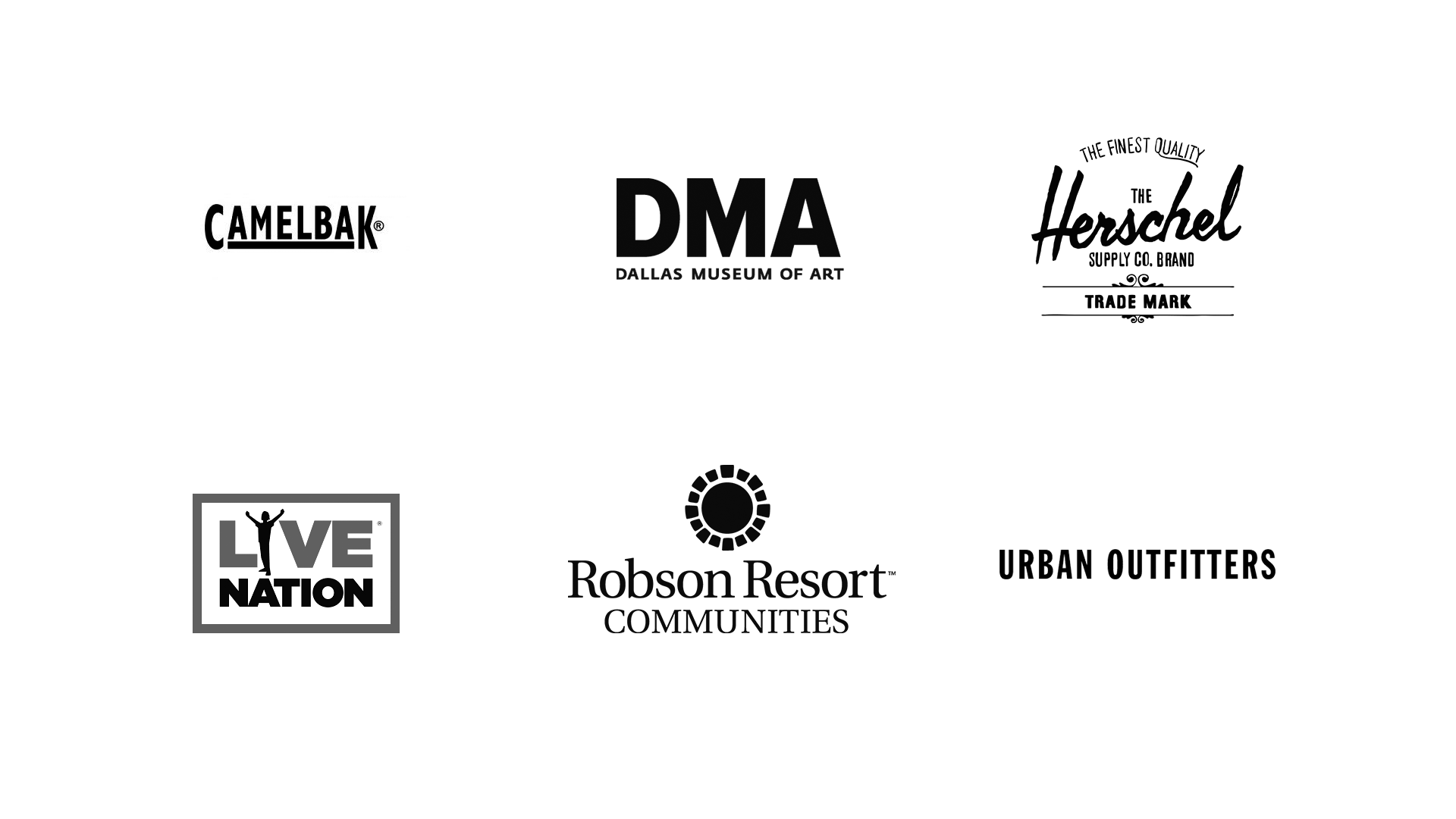 Jake Dockins Selected Clients including Camelbak, The Dallas Museum of Art, Herschel Supply Co., Live Nation, Robson Communities and Urban Outfitters.