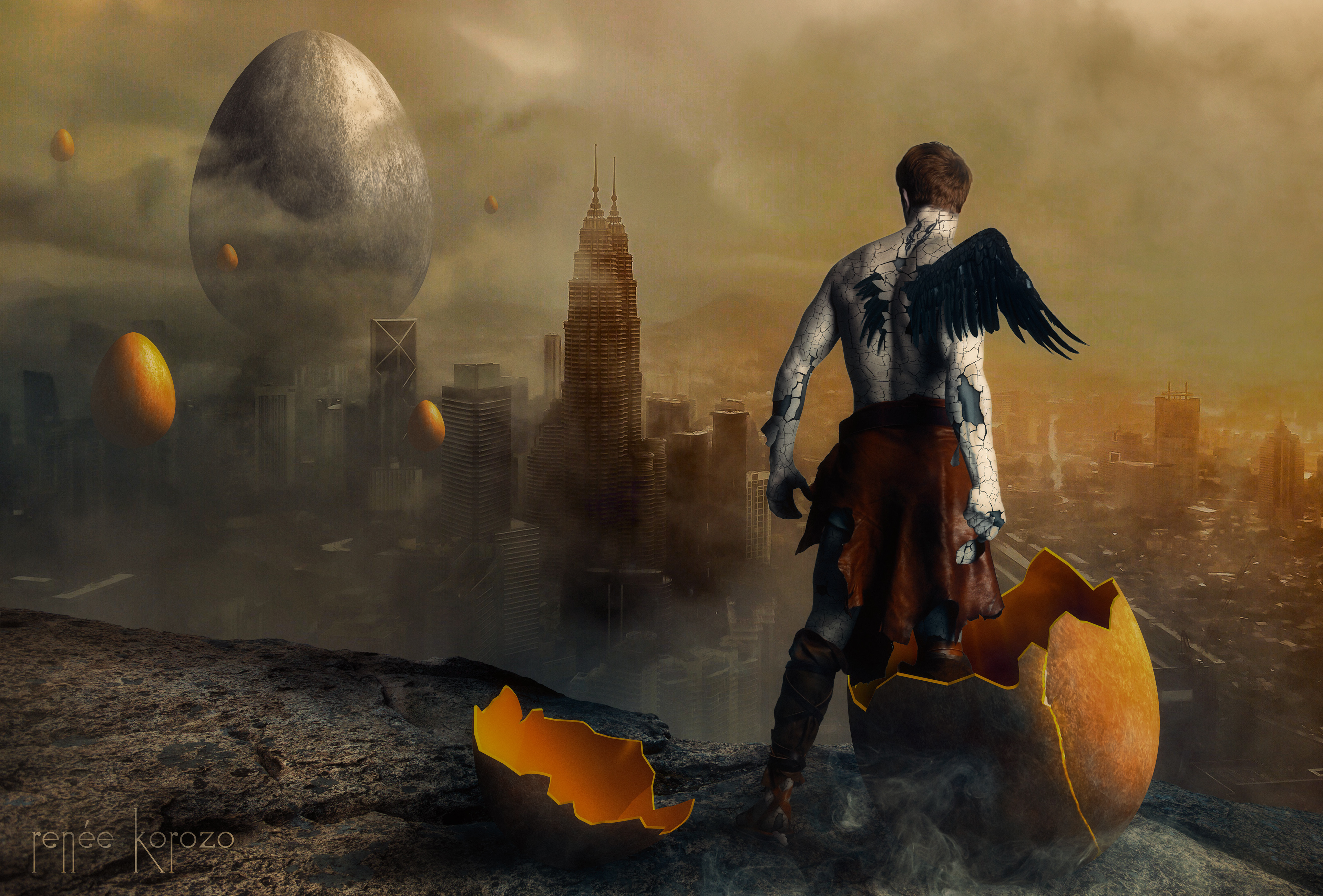 alien, angel, city, city view, egg, eggs, eggshell, angel, wings, eggman, hatch, hatching, on the rocks, spaceship, ufo, Renee Korozo, Beata Korozo, retouch, retouching, art retouch, retoucher, digital art, photomanipulation, photo composite, conceptual art