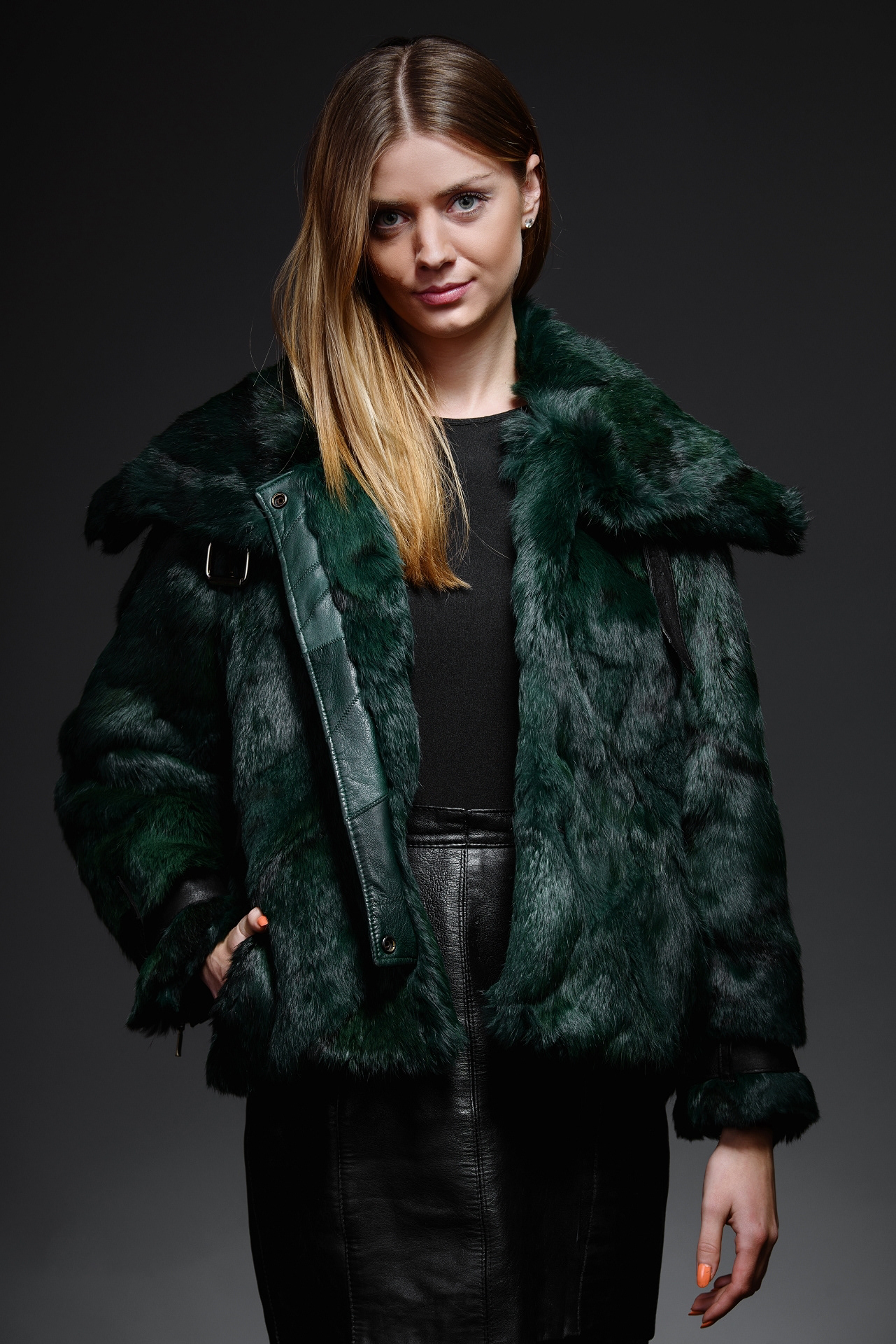 green rabbit fur jacket with oversize collar