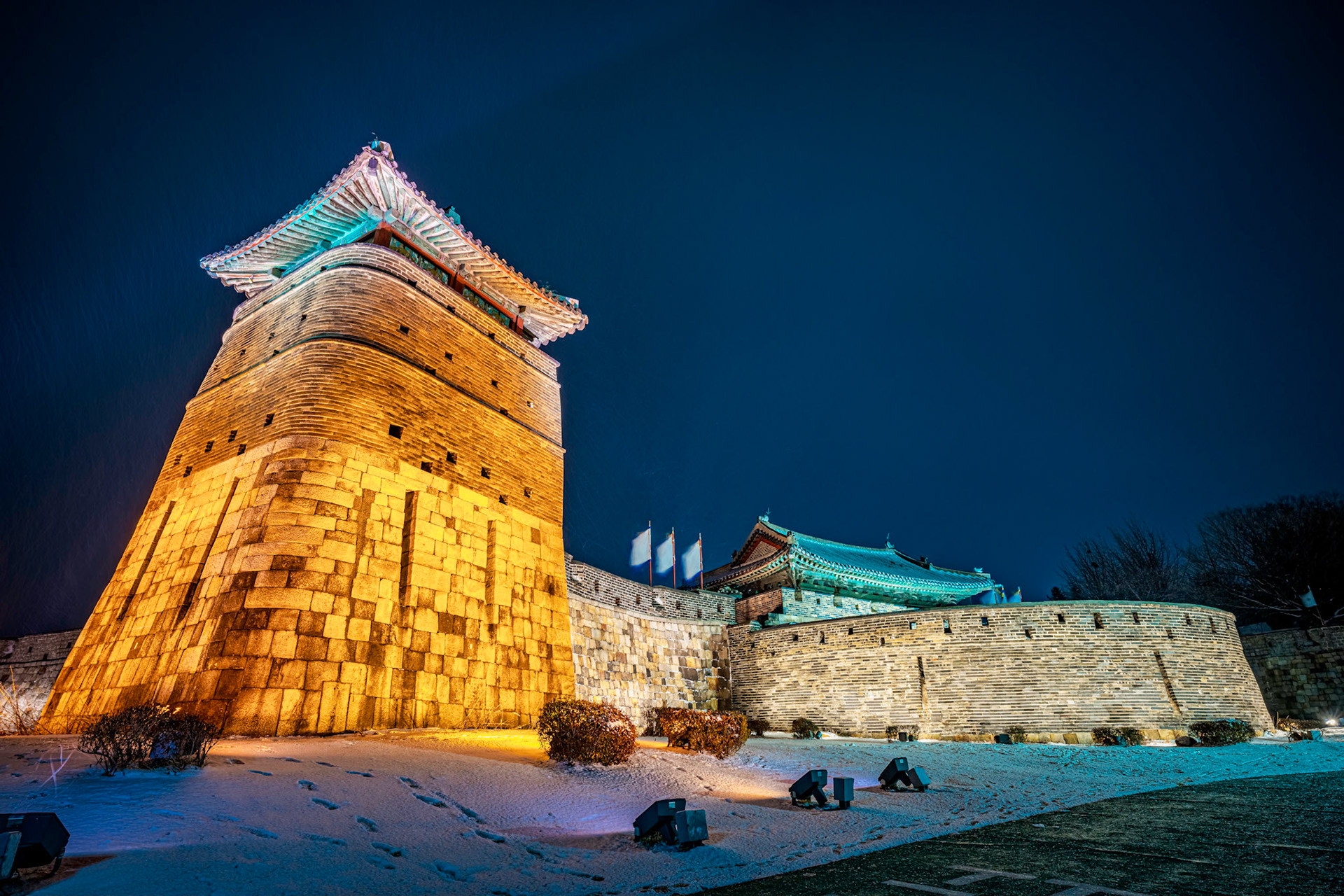 Seoul, South Korea - FEB 16 2020: Hwaseong Fortress, built from 1794-1796, is located just south of Seoul. The perimeter wall can be easily walked, giving excellent views of the fortress and the city.