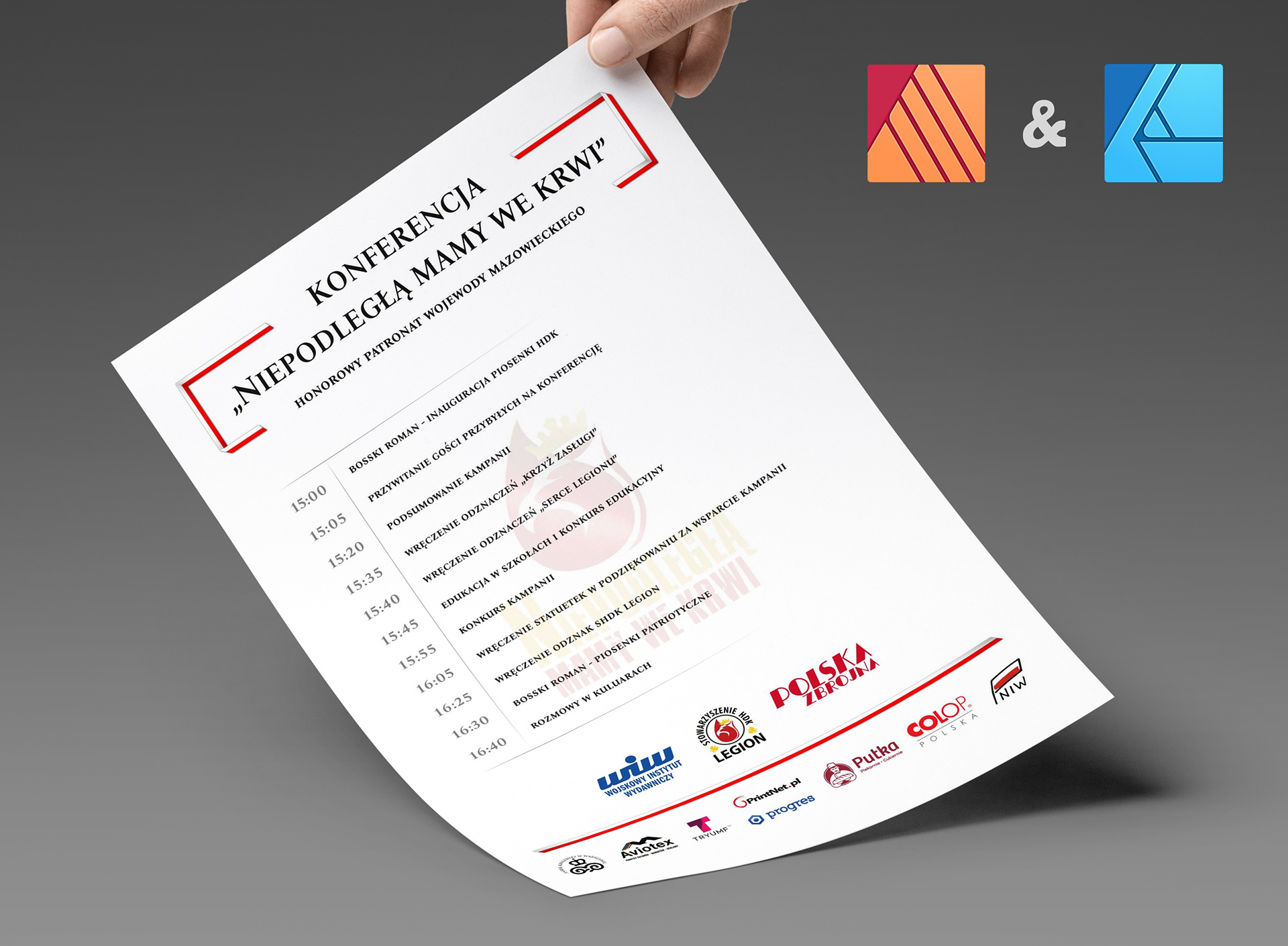Itinerary for a conference. Design for a leaflet and a banner. Adffinity Publisher and Designer.