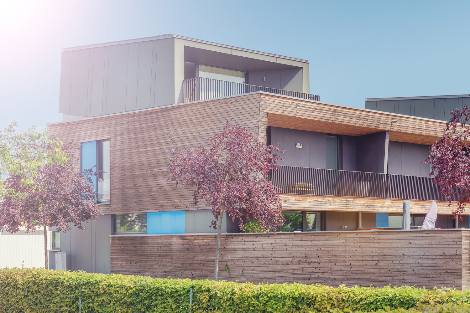 Thema: Architekturfotografie Muenchen - zweistöckiges Passivhaus mit Holzfassade in Südsausrichtung - Fotograf: Jacob Kanzleiter