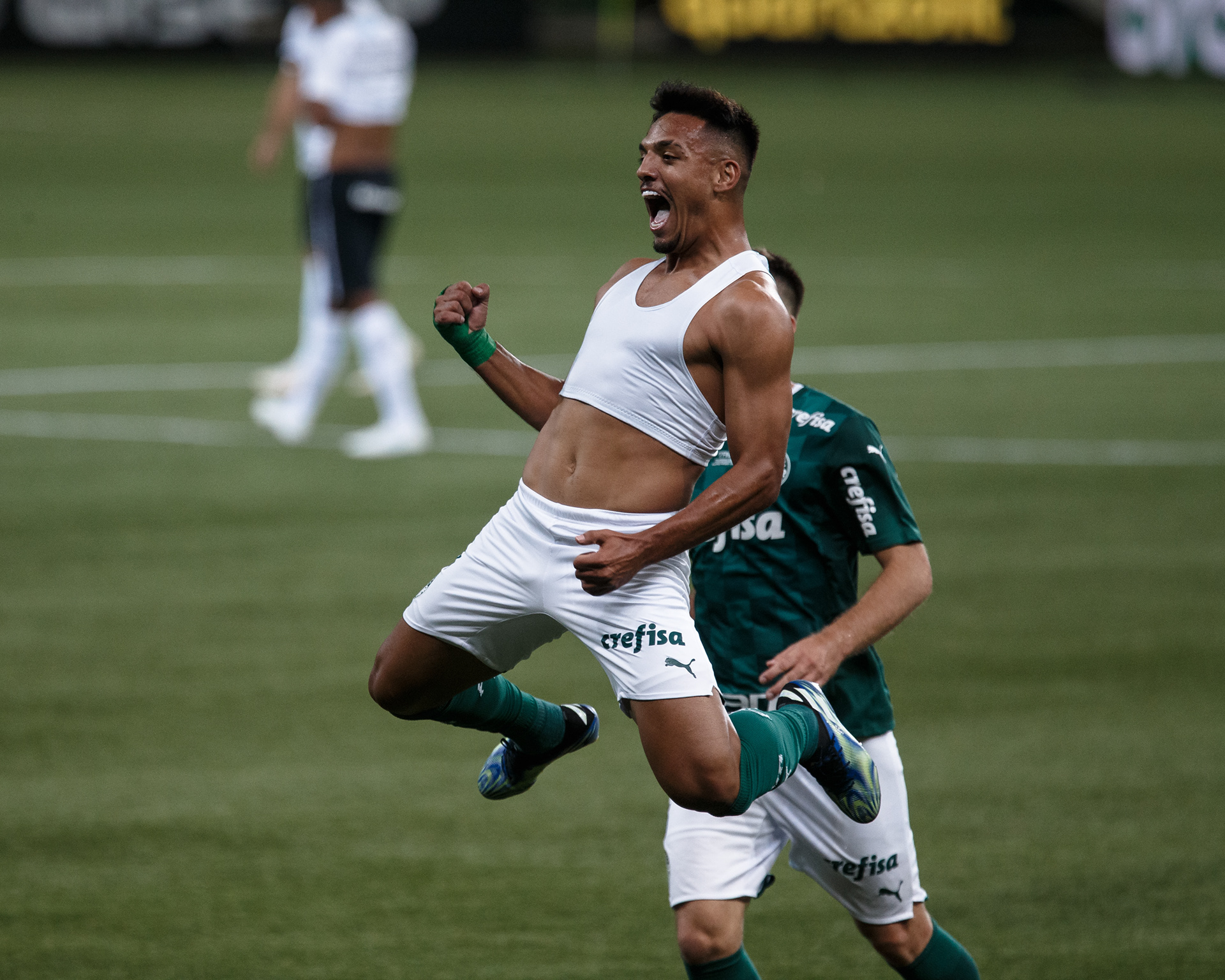07 March 2021 - Partida entre Palmeiras e Grêmio pela Final da Copa do Brasil 2020, Gabriel Menino comemora seu gol diante do Grémio.