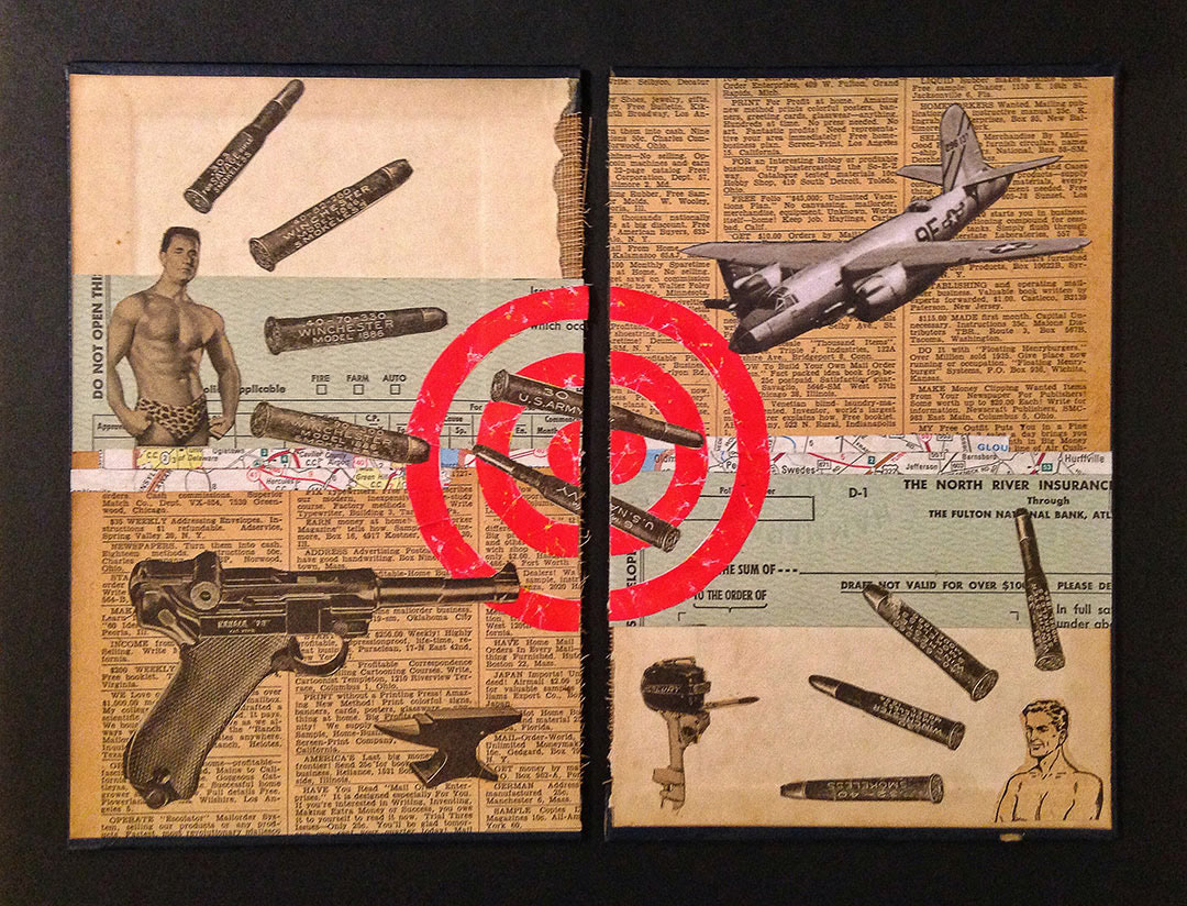 Testosterone, 12" x 10", collage on book covers.