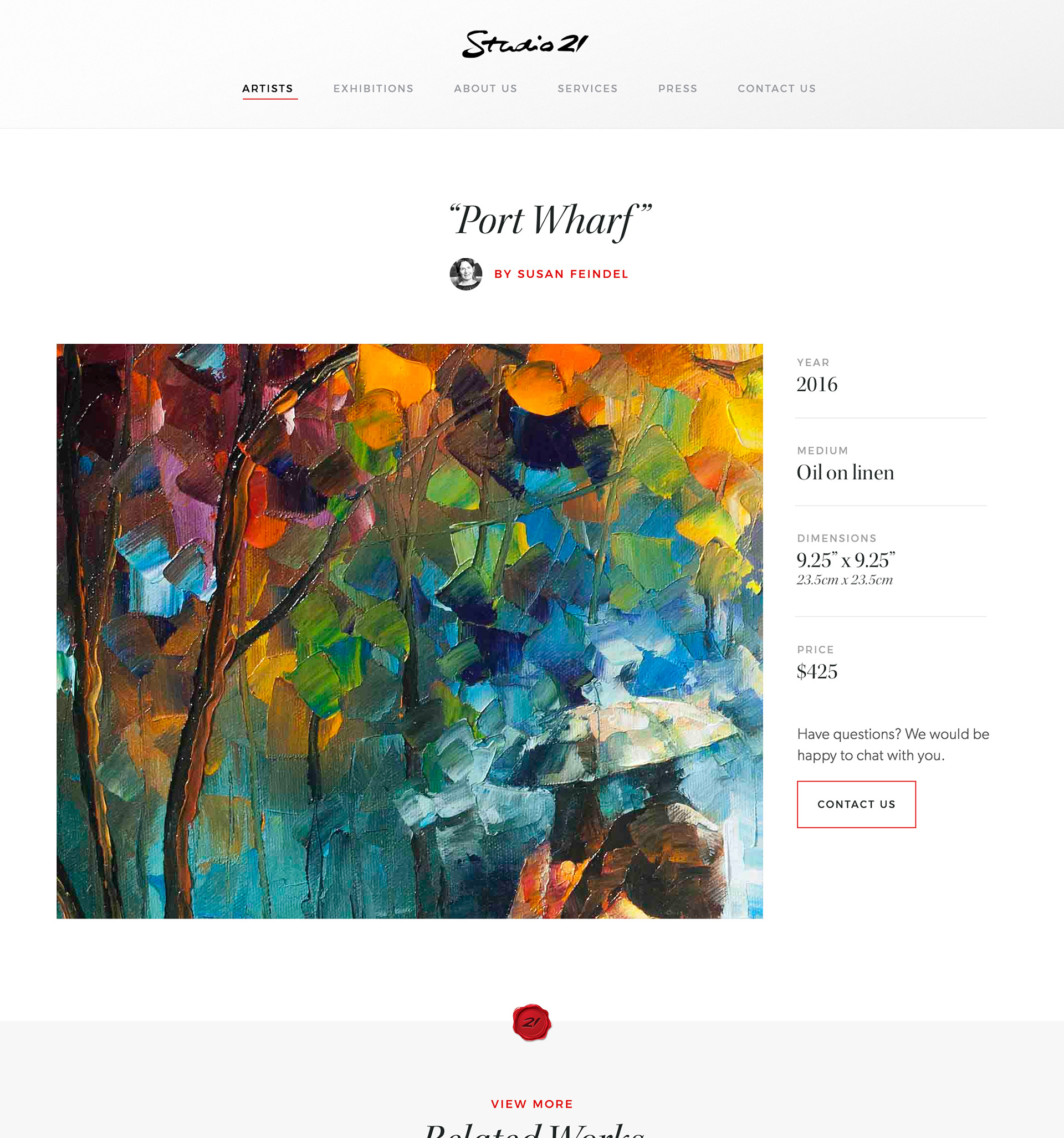 Studio 21 fine art gallery website redesign single artwork page.