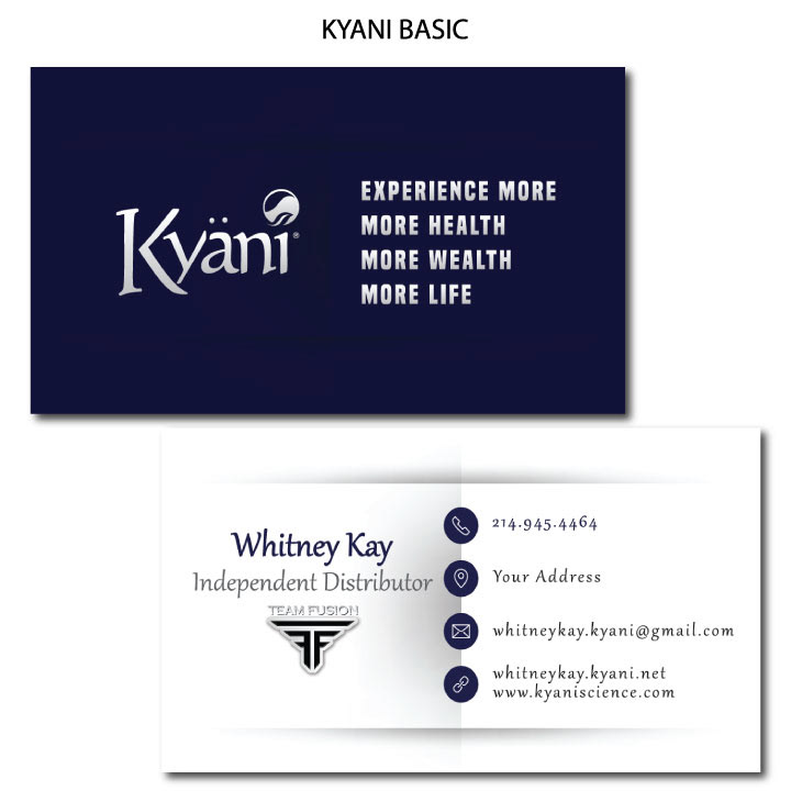 Kyani Business Cards / Nanci Frazer Designs2010 Kyani Info : The business packs range between $299 & $999 which is about average for an mlm startup business kit.