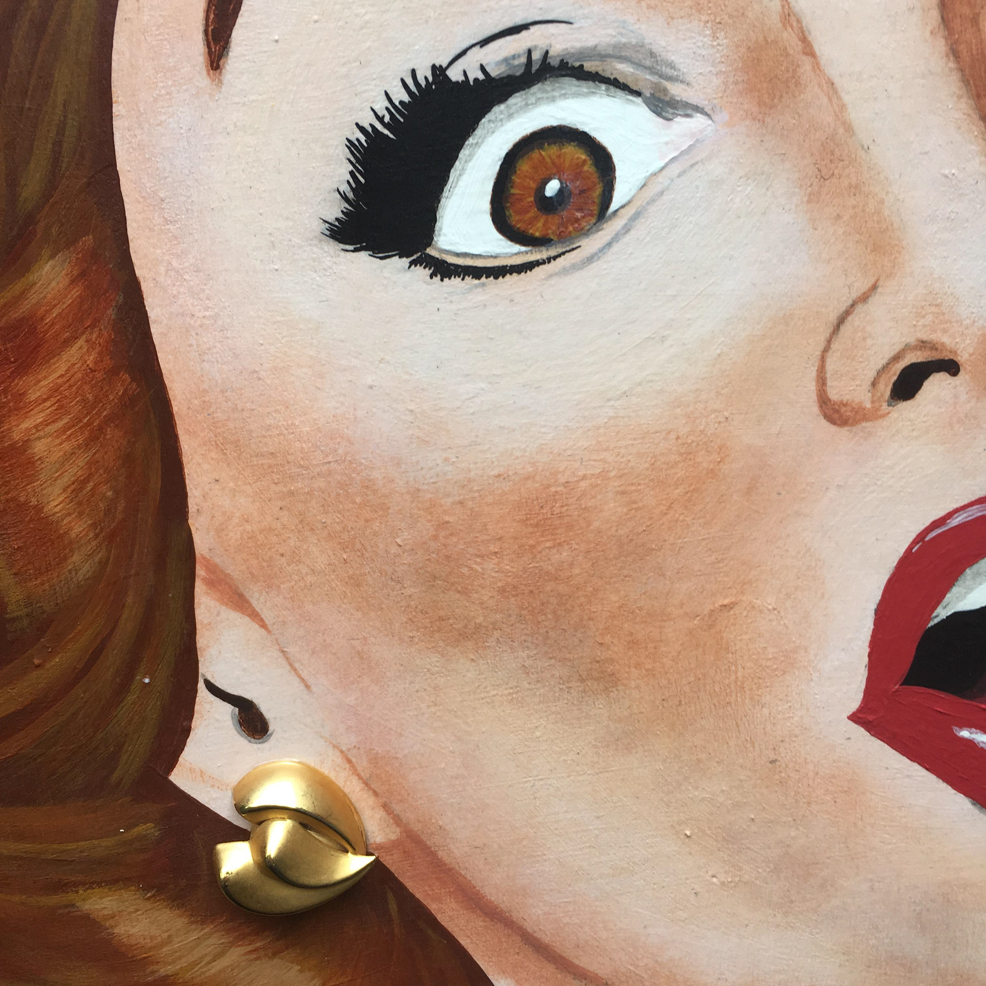 Annette (Don't Worry, Baby), acrylic, newspaper clippings and vintage jewelry on wood panel, 20"x20" ©Ginger Sedlarova 2019