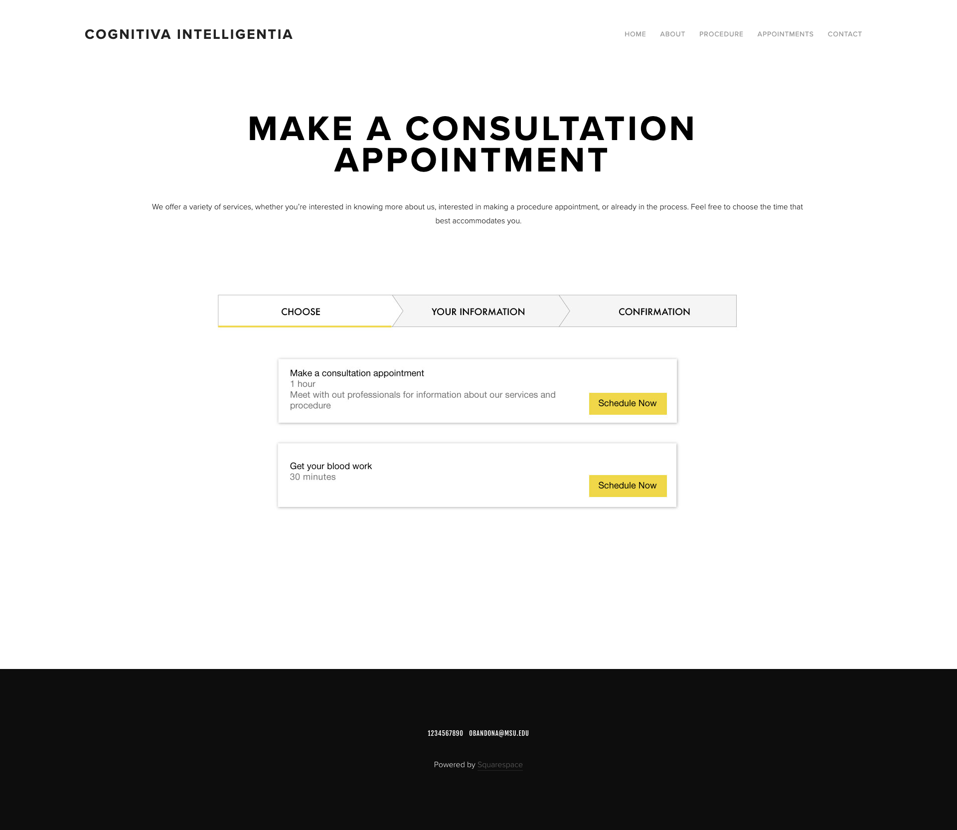 The APPOINTMENTS page allows users to easily make a consultation appointment or make an appointment to get their blood work.