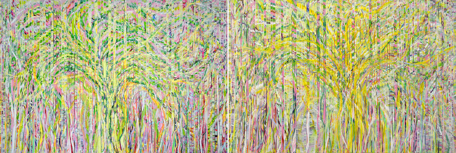 INTO THE WOOD - OUT OF THE WOOD oil/acrylic on canvas stripes over canvas, 2 panels, 40 by 60 inches each, 2020,HERMANN LEDERLE