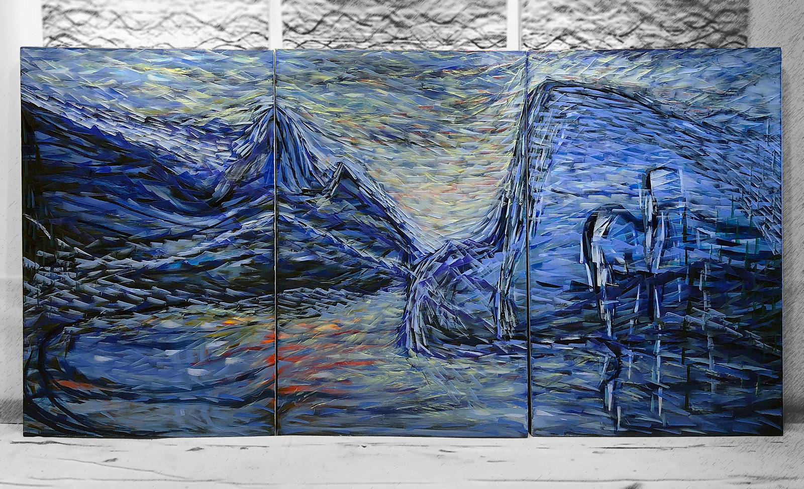 INTO THE LAKE - HALFWAY THERE 2020, OIL ON CANVES, 3 PANELS, 60 BY 120 INCHES, IN PROCESS, HERMANN LEDERLE