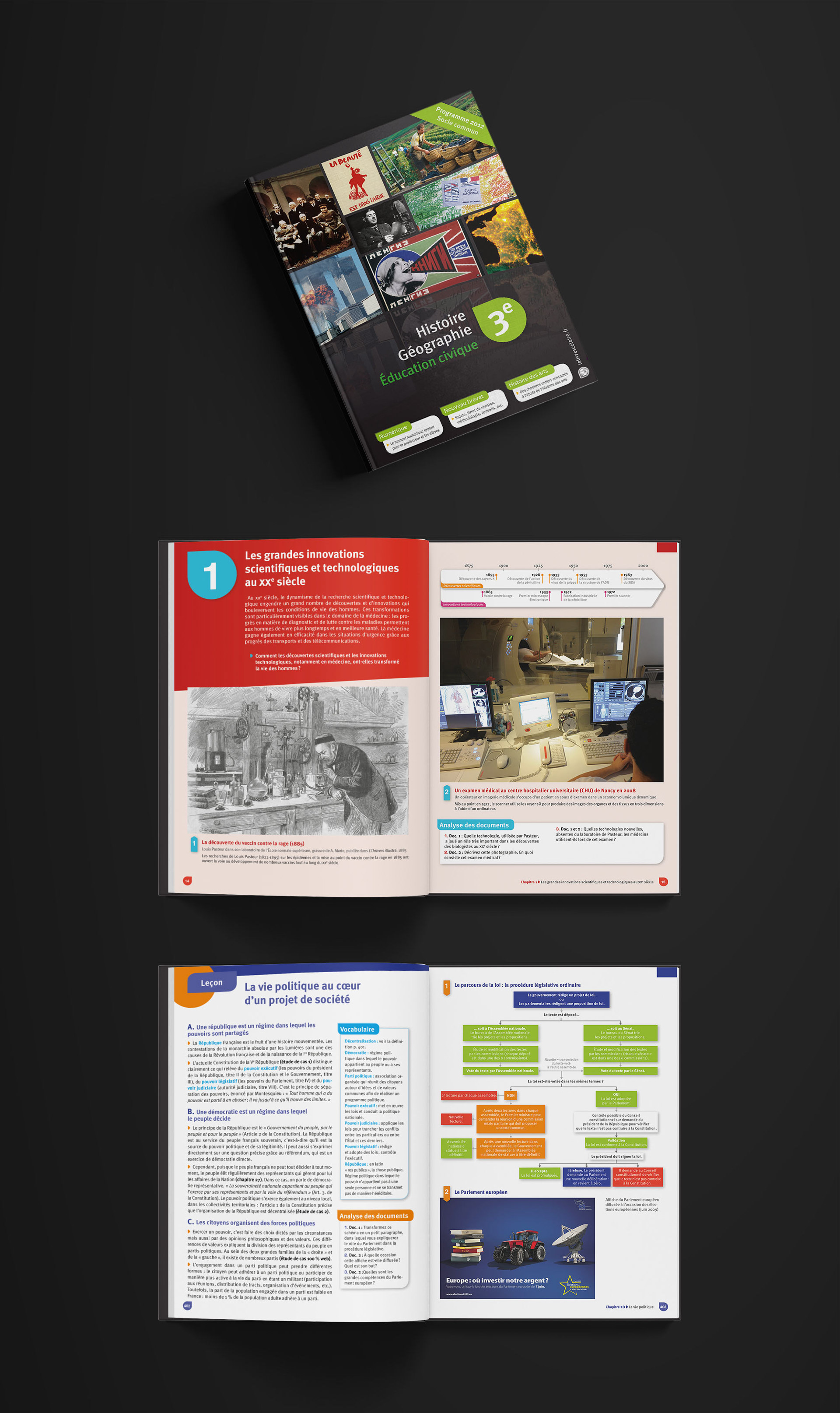 Visuel montrant la couverture du manuel d'Histoire-Géographie niveau 3e, ainsi que des exemples de double-pages intérieures.