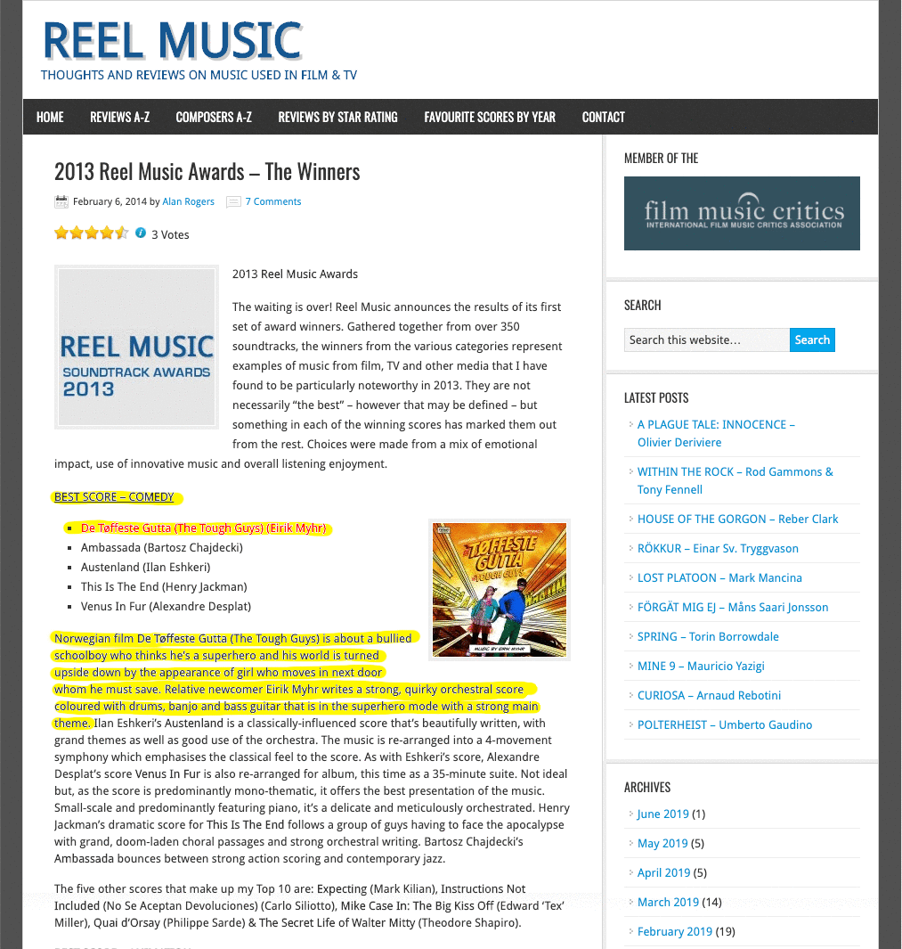 Reel Music Awards 2013 - Best Comedy Score