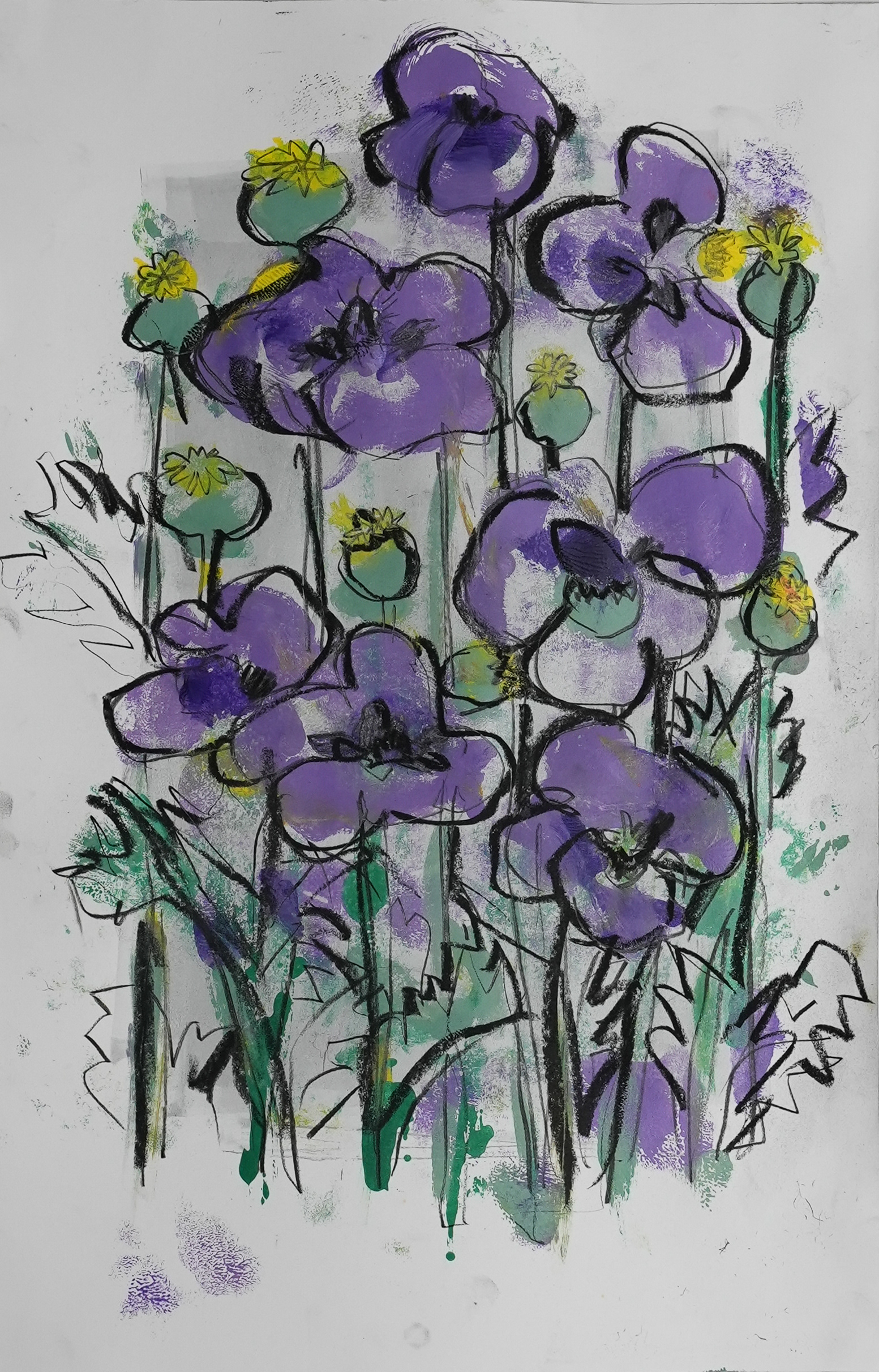 100/ SOLD Purple Poppies and Seed Pods, 11 x 17, $275