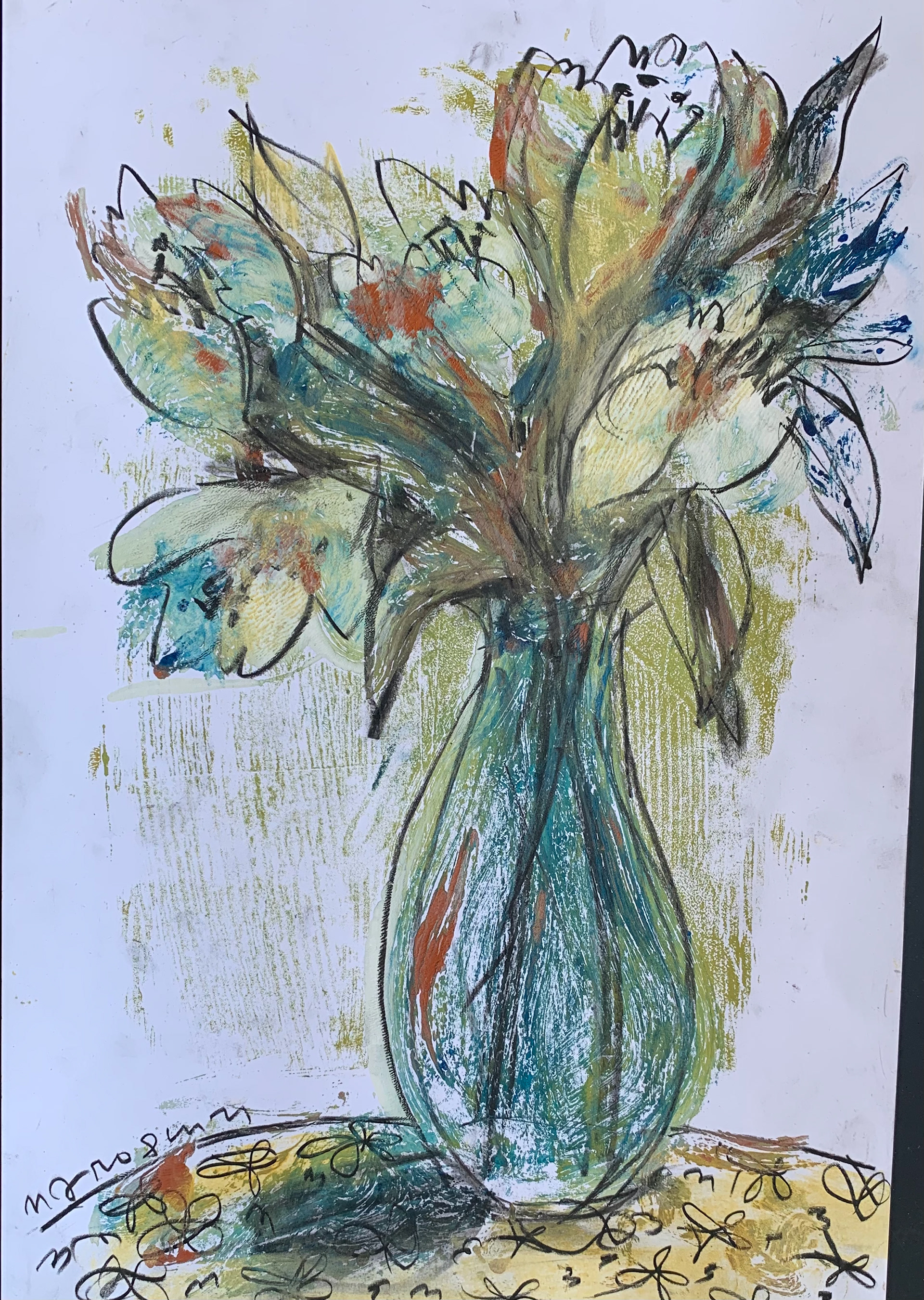 32 / Vase of Tulips on floral tablecloth . 11 x 17 / $275