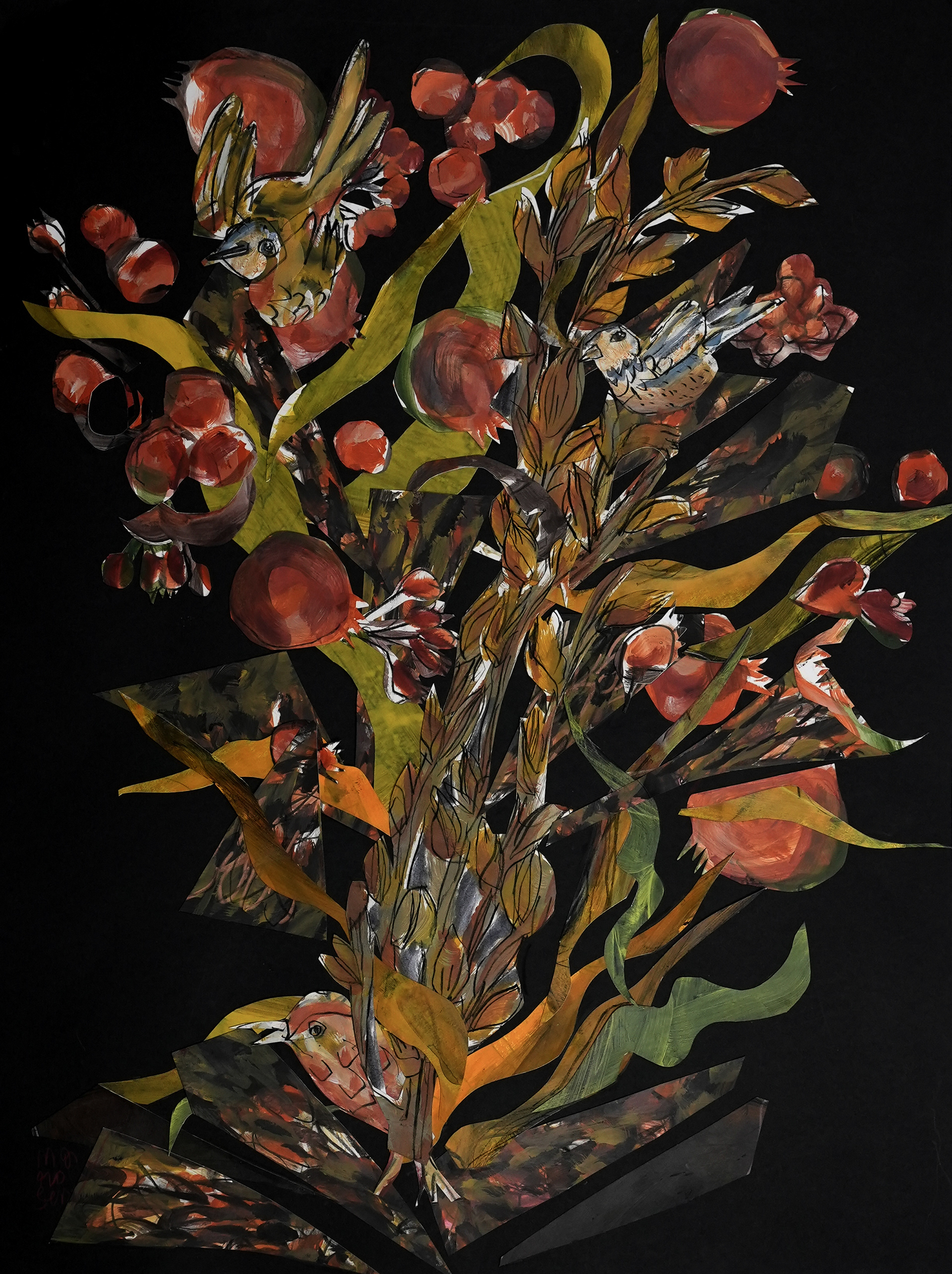 "Bewildered Birds in a Pomegranate Collage"