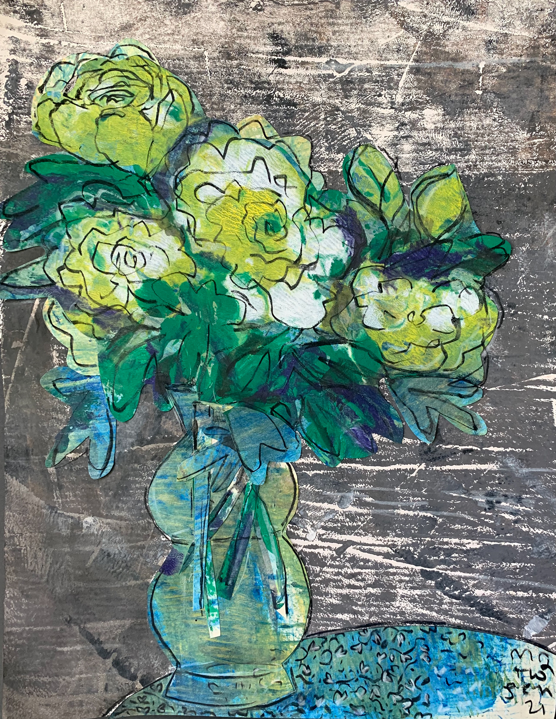 41 / SOLD Yellow Peonies Collages on Patterned Table / 11 x 14/ $275