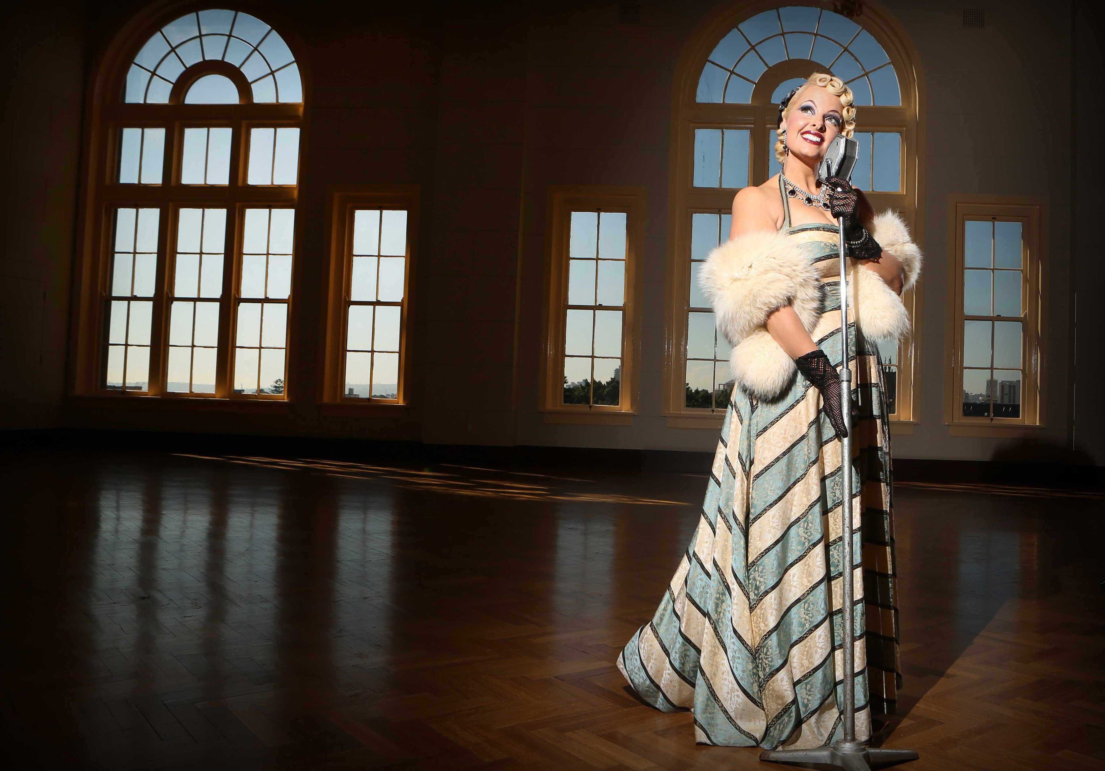 Vintage lover and jazz singer Pia Andersen in the opulent surrounds of On Seven, David Jones, where the 1933 Sydney Artist Ball will be recreated for History Week. © Chris Pavlich /mX