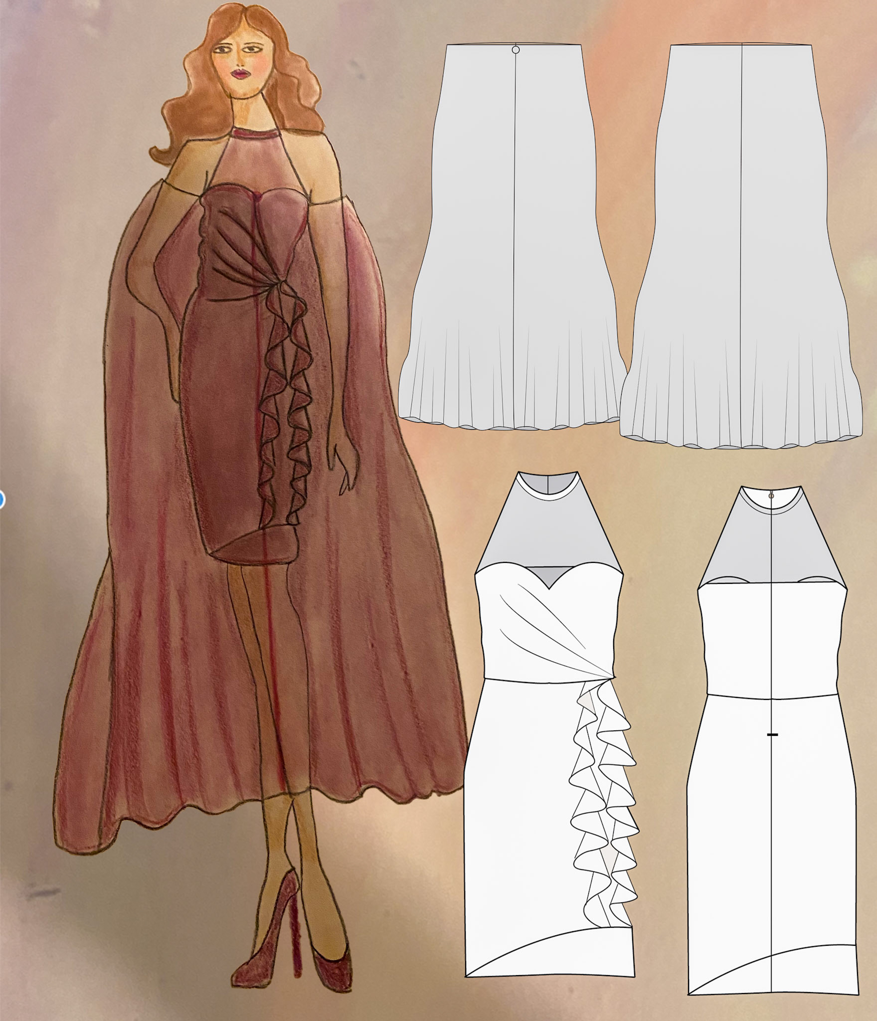 Cocktail dress with halter neck, and cape