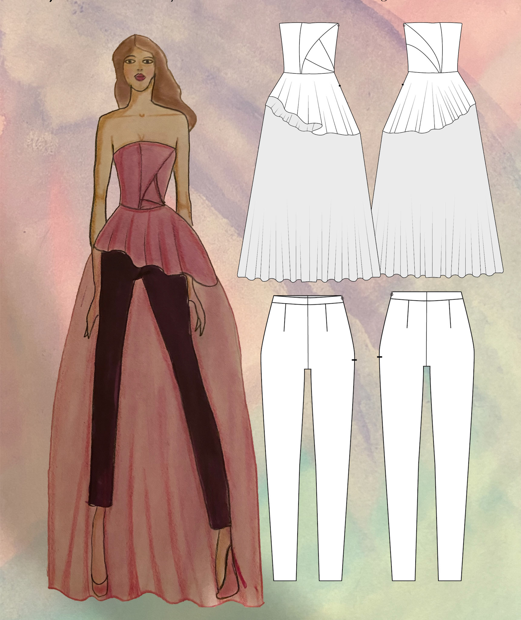 Asymmetrical peplum top with slim fit trousers