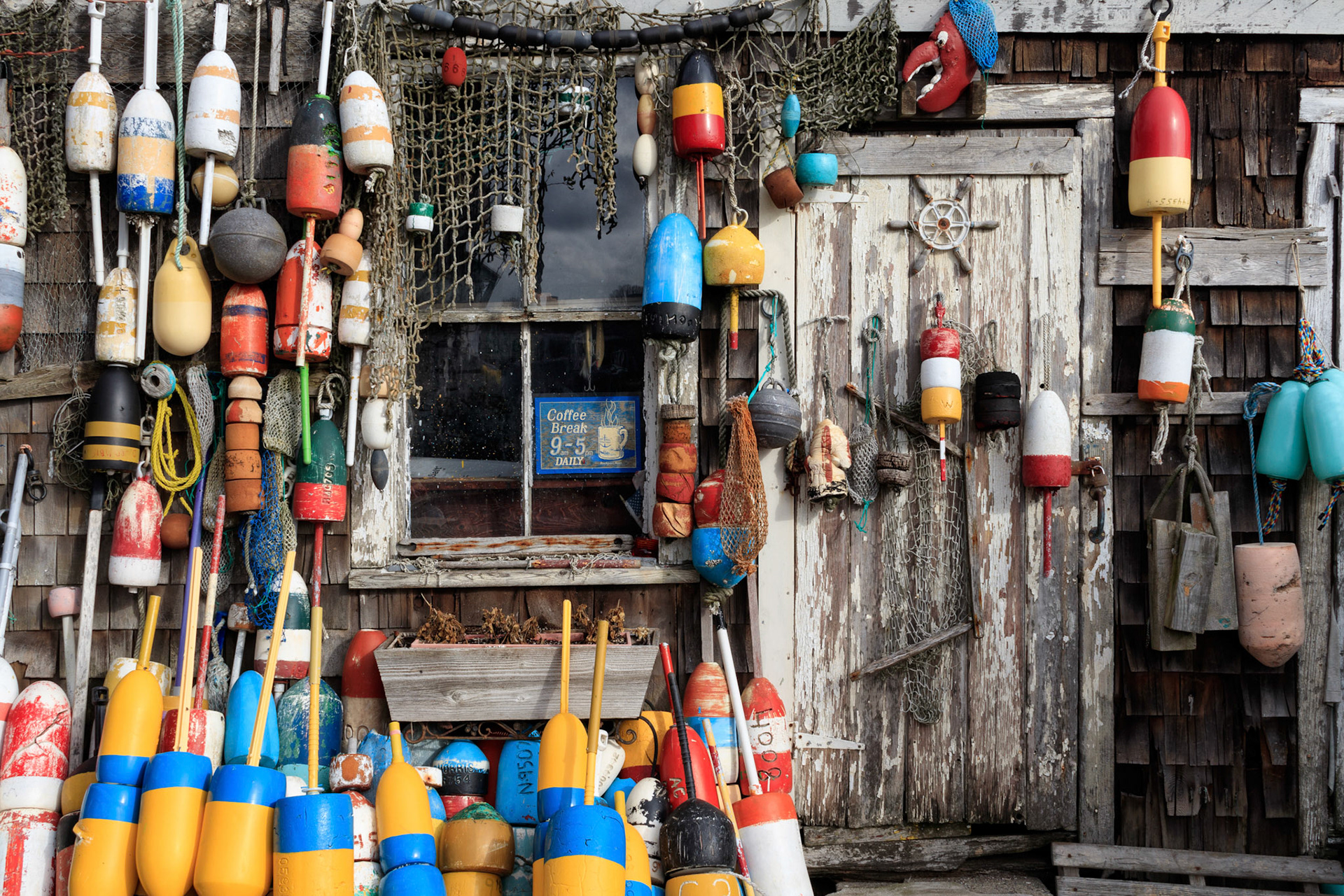 Buoys on a lobster shack, Rockport, Massachusetts