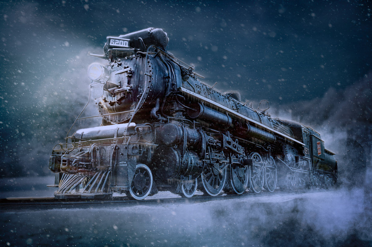 This is my snowy night version of the CNR steam locomotive at the Science and Tech Museum in Ottawa.