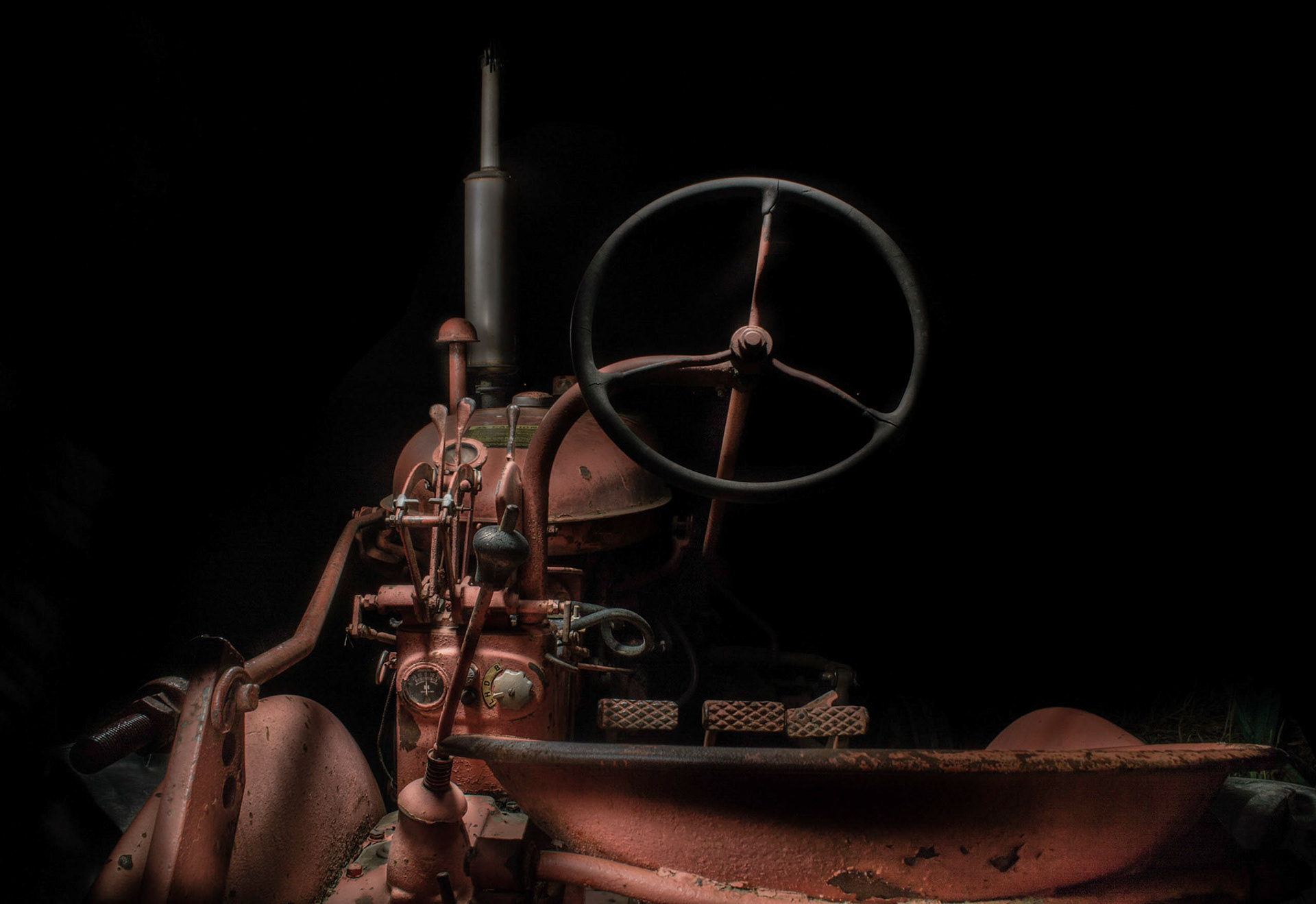 Light Painting of an old tractor cockpit.