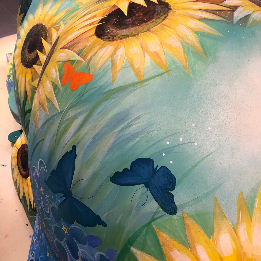 Derby Ram Sculpture Trail 2021. Sculpture sponsored by Treetops Hospice. Raising funds for Derby Museums.