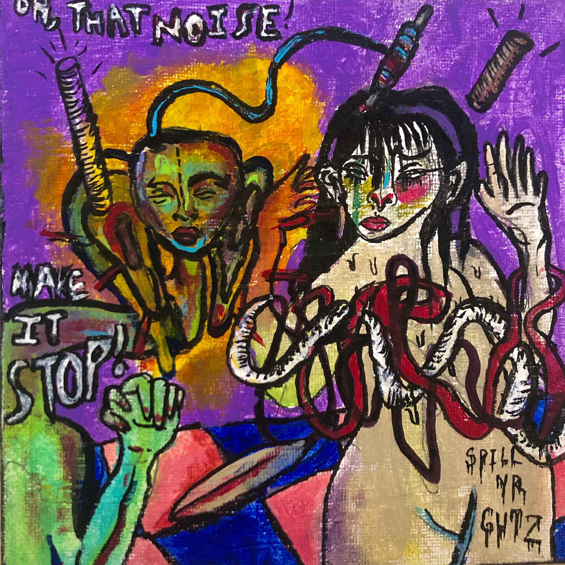 "Make it Stop!", 2019, acrylic on canvas panel, 6 x 6"
