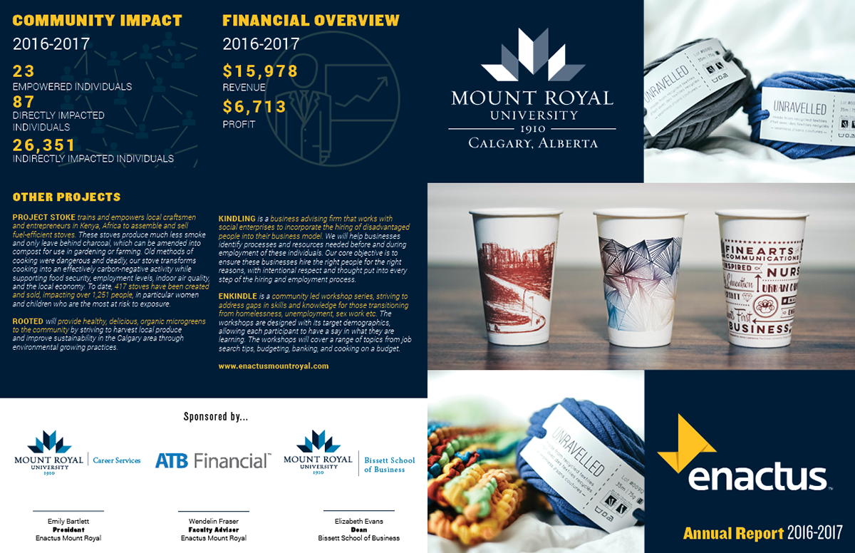 Photograph of a Report Design for the Mount Royal University Enactus student group. Designed by Jordan Clermont.
