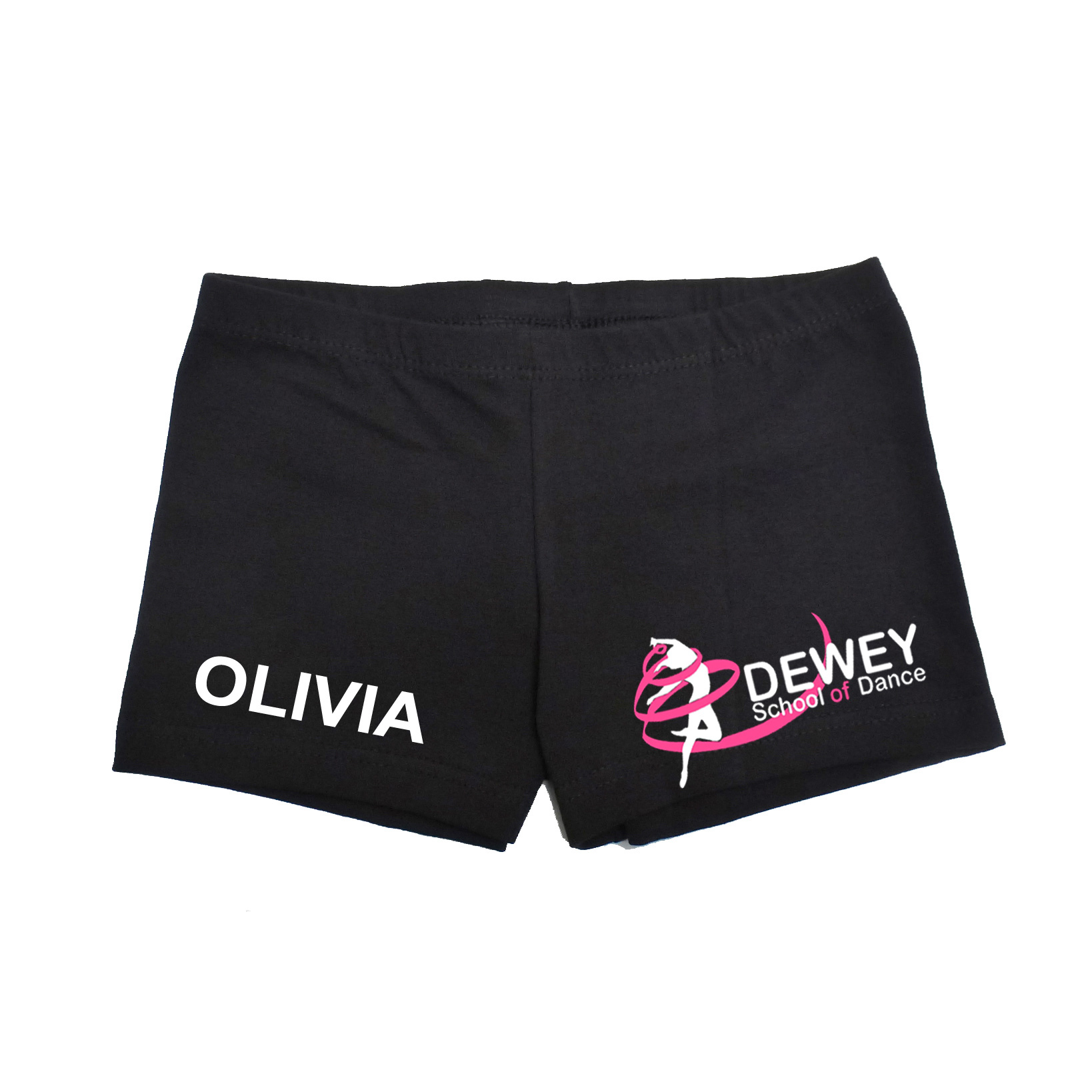 DEWEY SCHOOL OF DANCE BLACK COTTON SHORTS WITH NAME