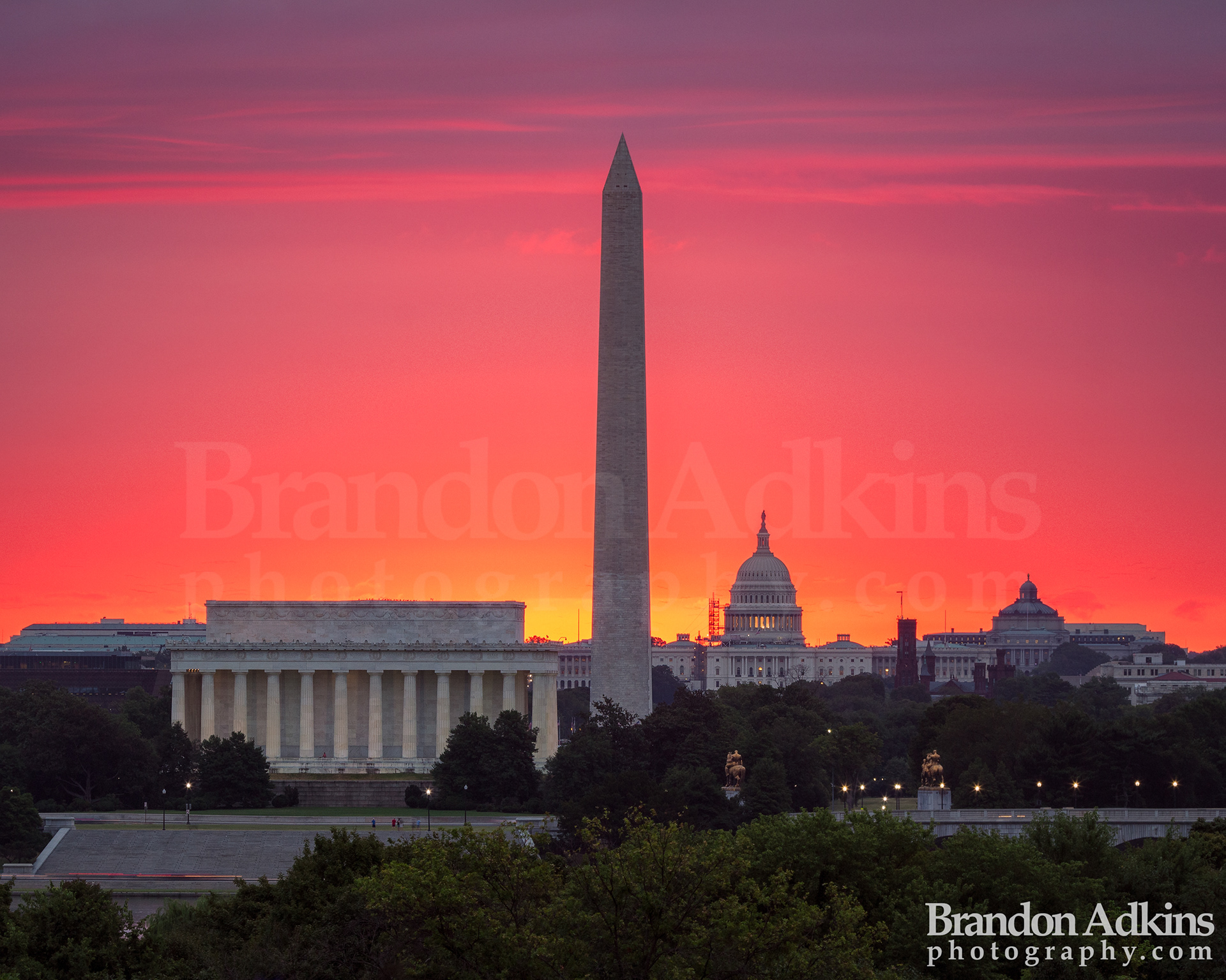 Fine art photograph of District of Columbia skyline, Lincoln Memorial, Washington Monument, Capitol Building, Library of Congress, with beautiful purple and pink sunrise in Washington, DC, District of Columbia