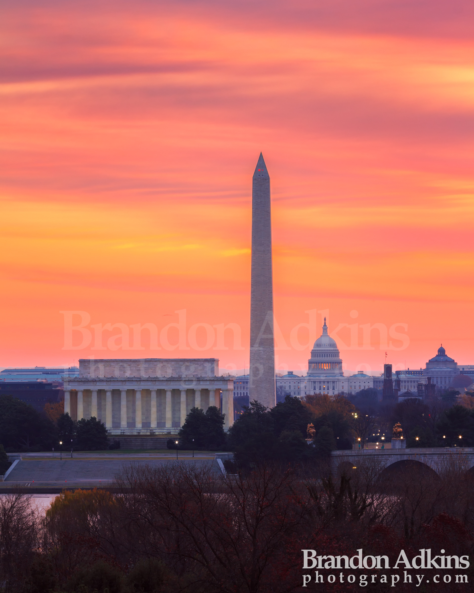 Fine art photograph of District of Columbia skyline, Lincoln Memorial, Washington Monument, Capitol Building, Library of Congress, with beautiful purple and pink sunrise in Washington, DC, District of Columbia
