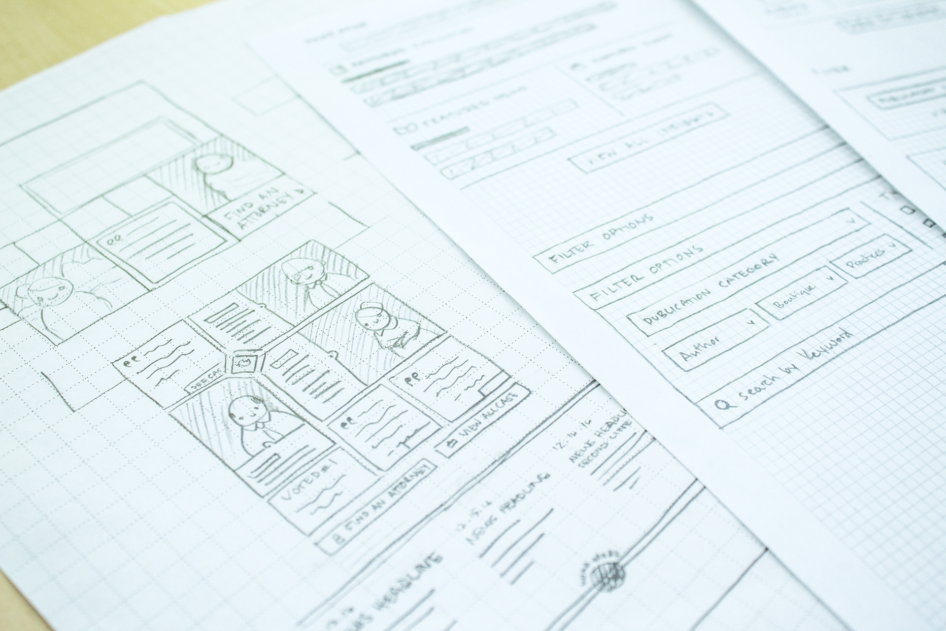 Emilee Beeson web design image of sketches for homepage and internal pages.