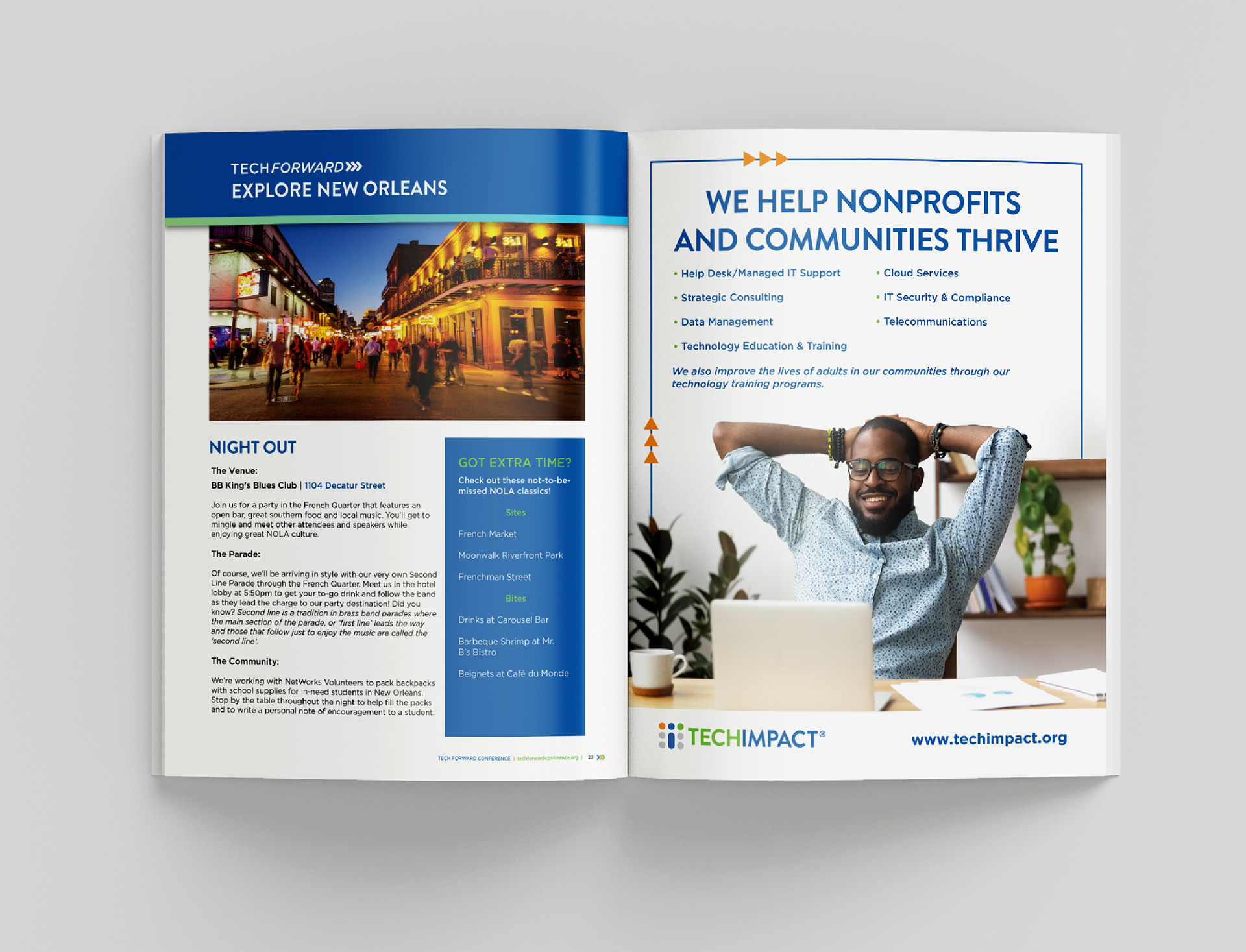 New Orleans travel tips and a full-page ad for Tech Impact's services