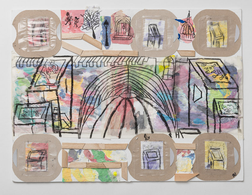 Dreams over the Barbican Centre Roof Recycled (with Kleenex) Acrylic, recycled, reversed palette papers, recycled torn palette papers with acrylic, charcoal, wood, kleenex tissue box lids, plastic, tape 47 x 72 x 2 (Framed with anti-reflective glass)