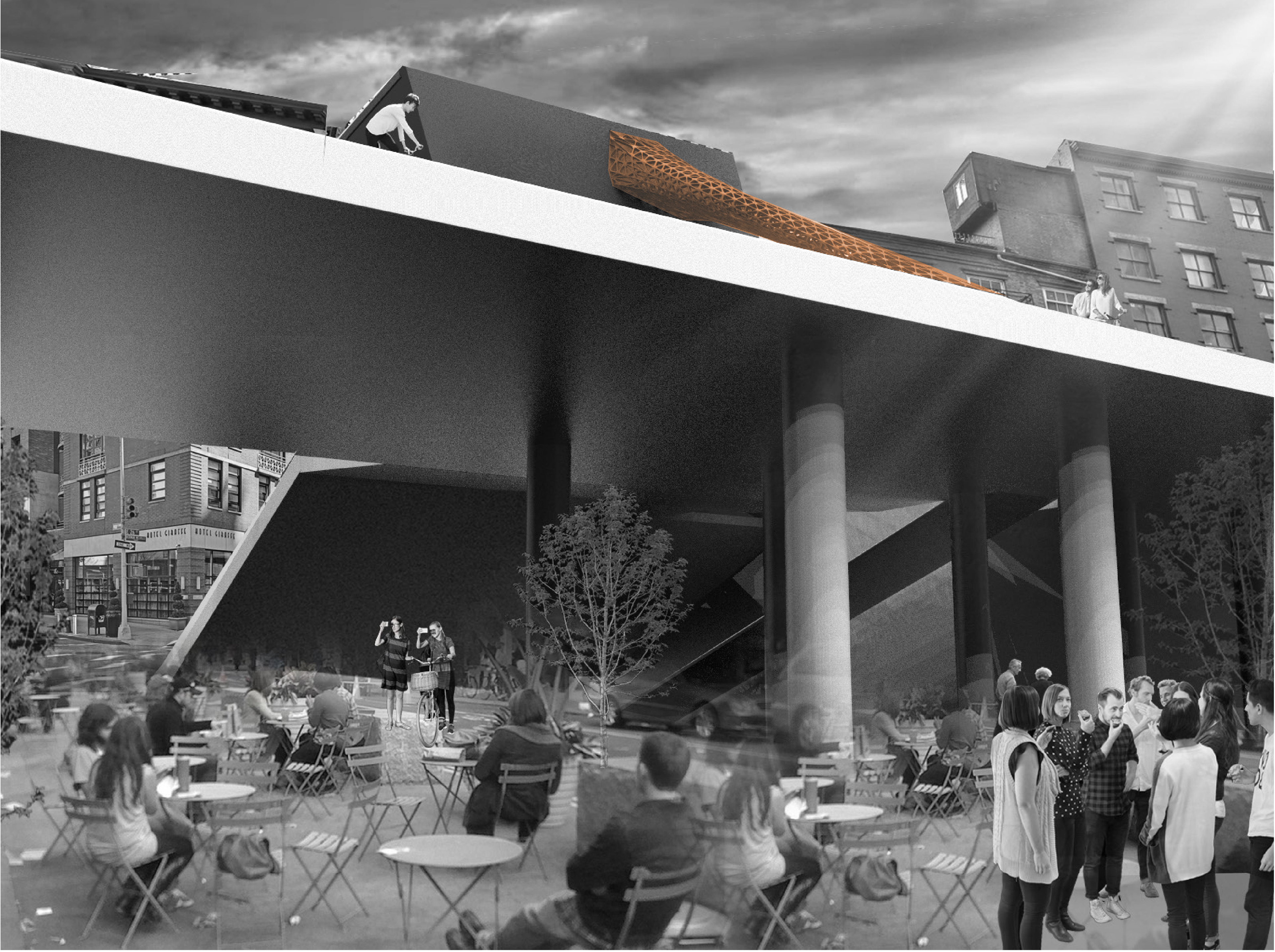 Market and outdoor cafe spaces below the High Line