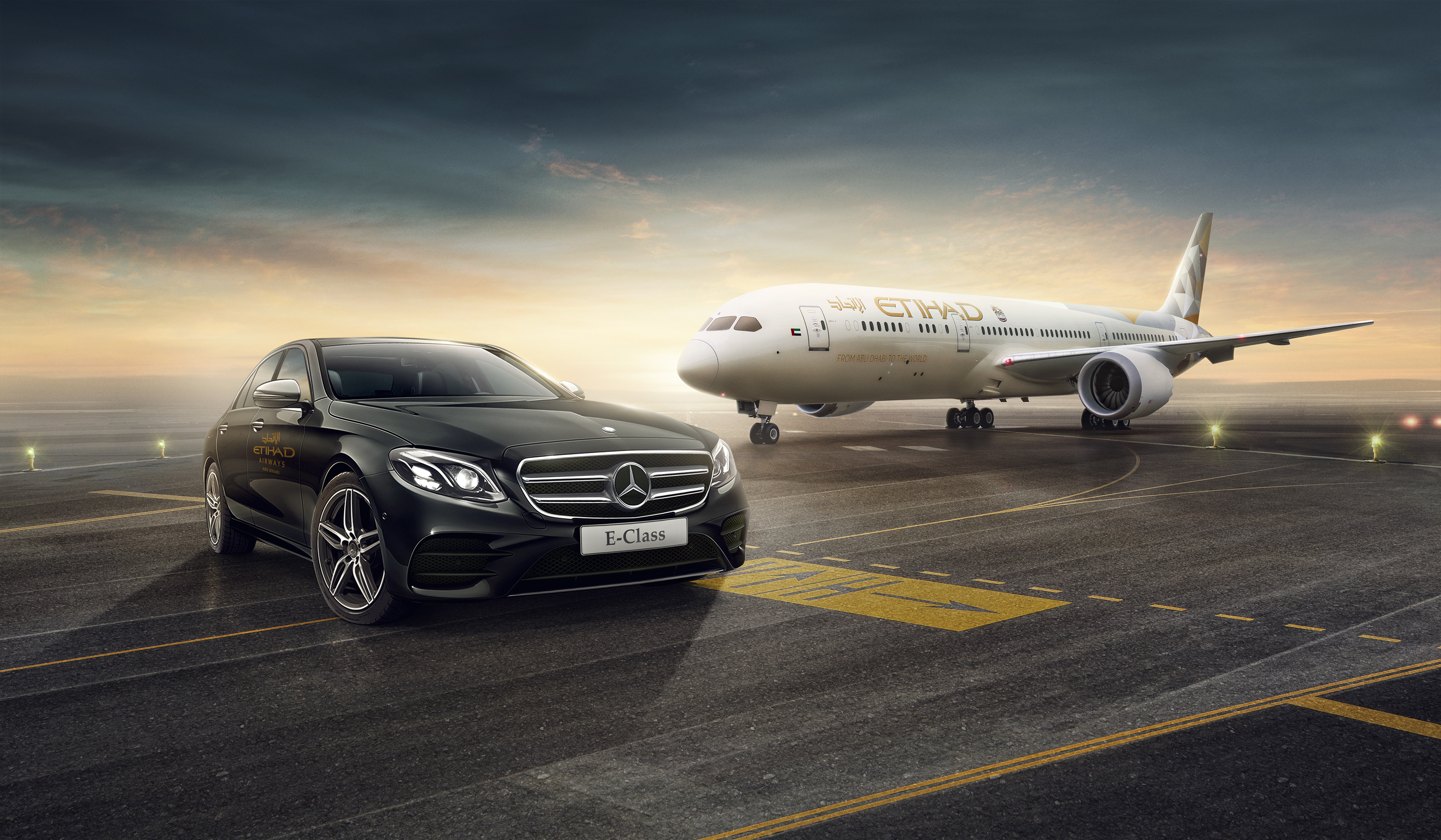 Campaign / Key Visual of the Mercedes Benz E-Class and an Etihad Airways aircraft on the runway of Abu Dhabi.