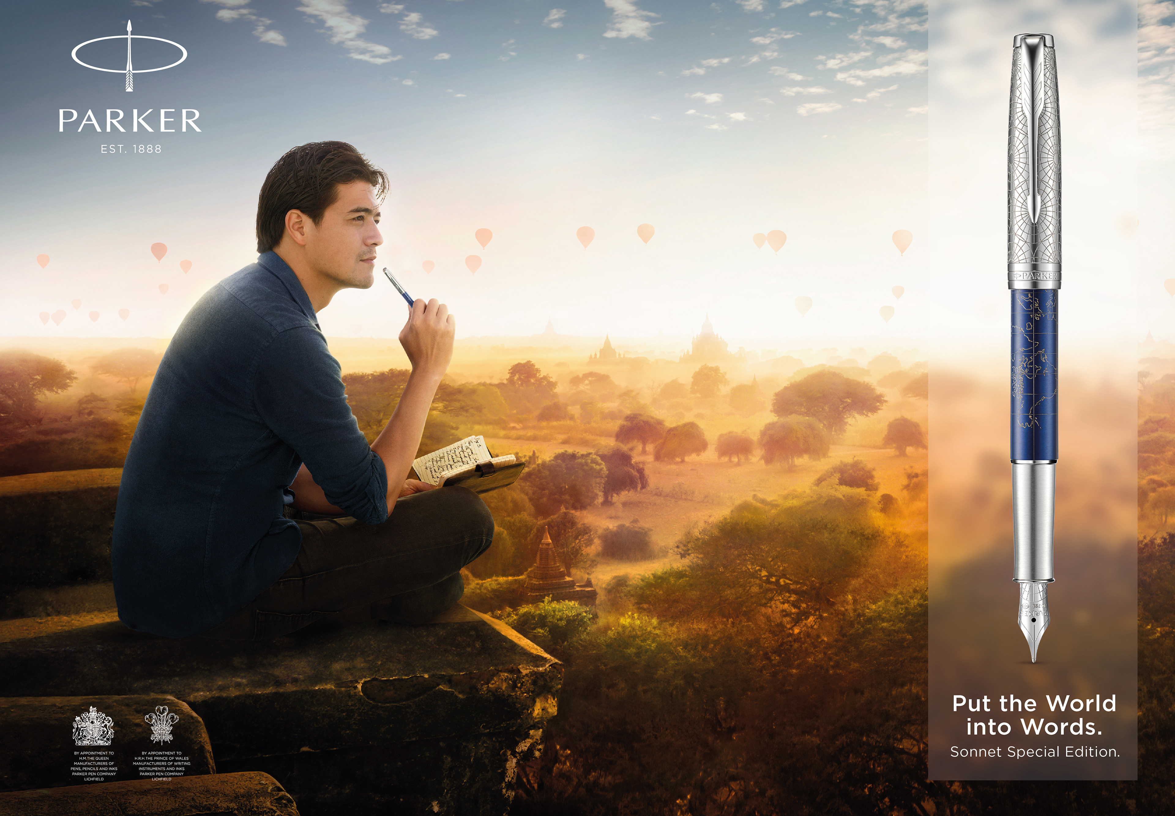 Campaign Visual / Key Visual / Hero Visual – Hero Character of the campaign is sitting on top of a cliff, thinking, using the product. Incorporated into the visual are the product, headline, and logo.