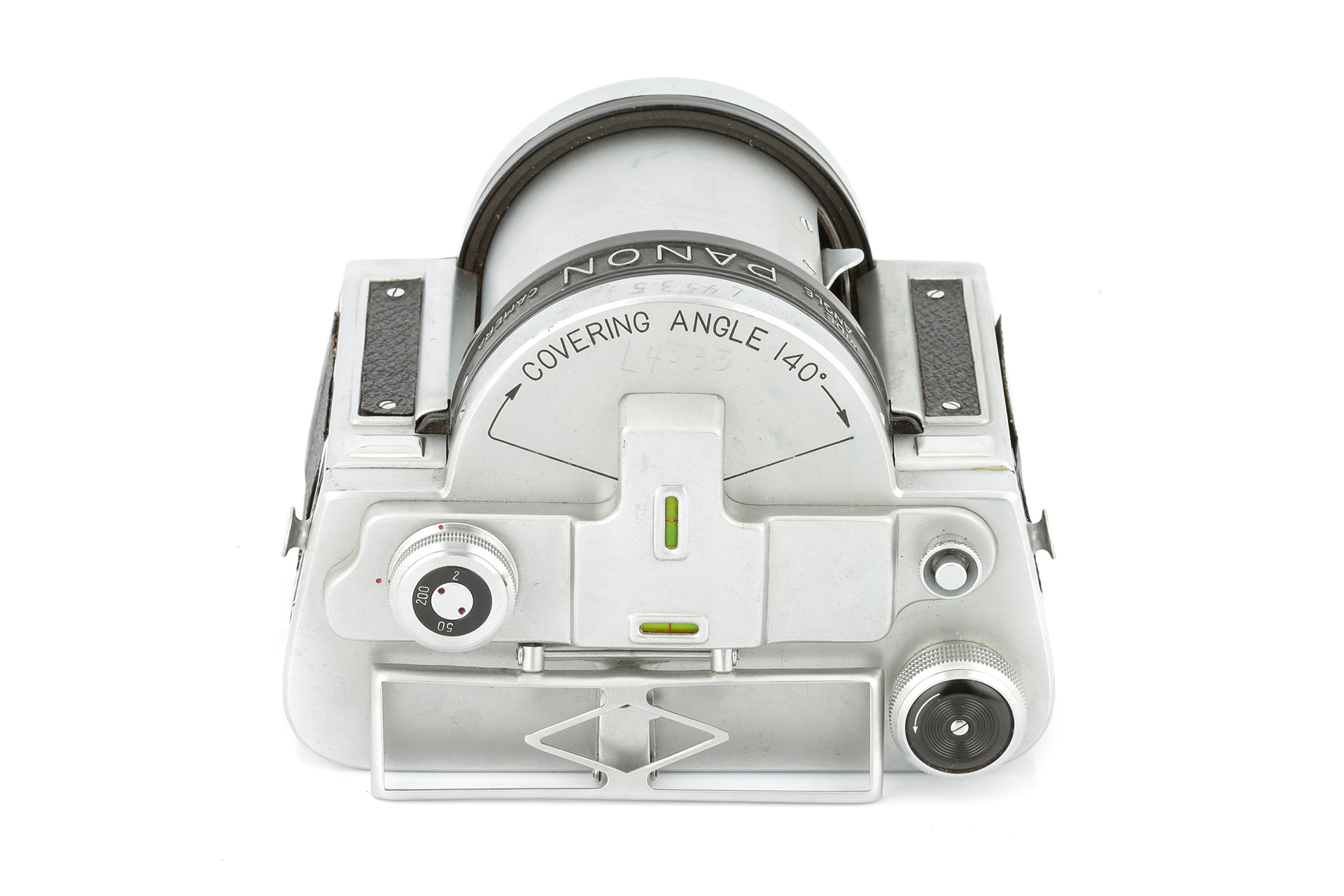 A top plate view of the Panon Wide Angle camera, showing the shutter speed dial, flattened iron sights, rewind knob, and shutter button. There are also two small spirit levels on top of the camera for level composition.