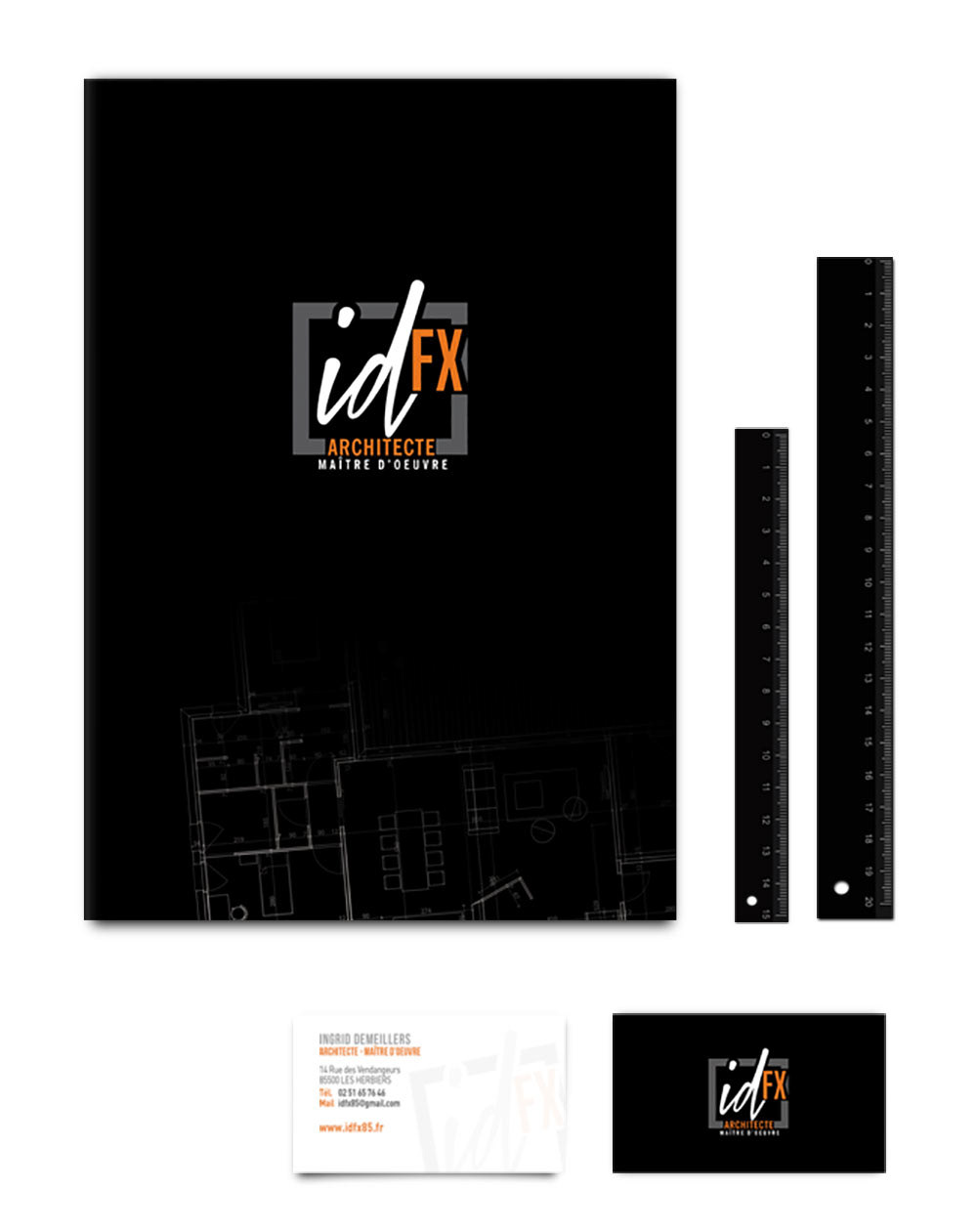 pochette à rabats, pochette, dossier pour l'architecte Ingrid Demeillers, de la société IDfx, située aux Herbiers