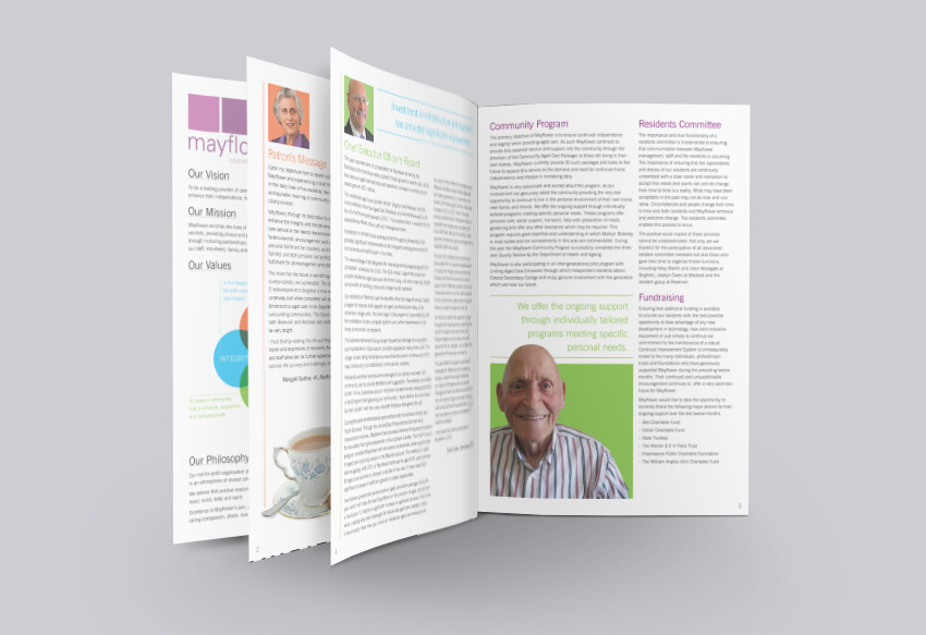 Internal spread of annual report design which uses a bold and playful colour palette with large usage of portrait photography.