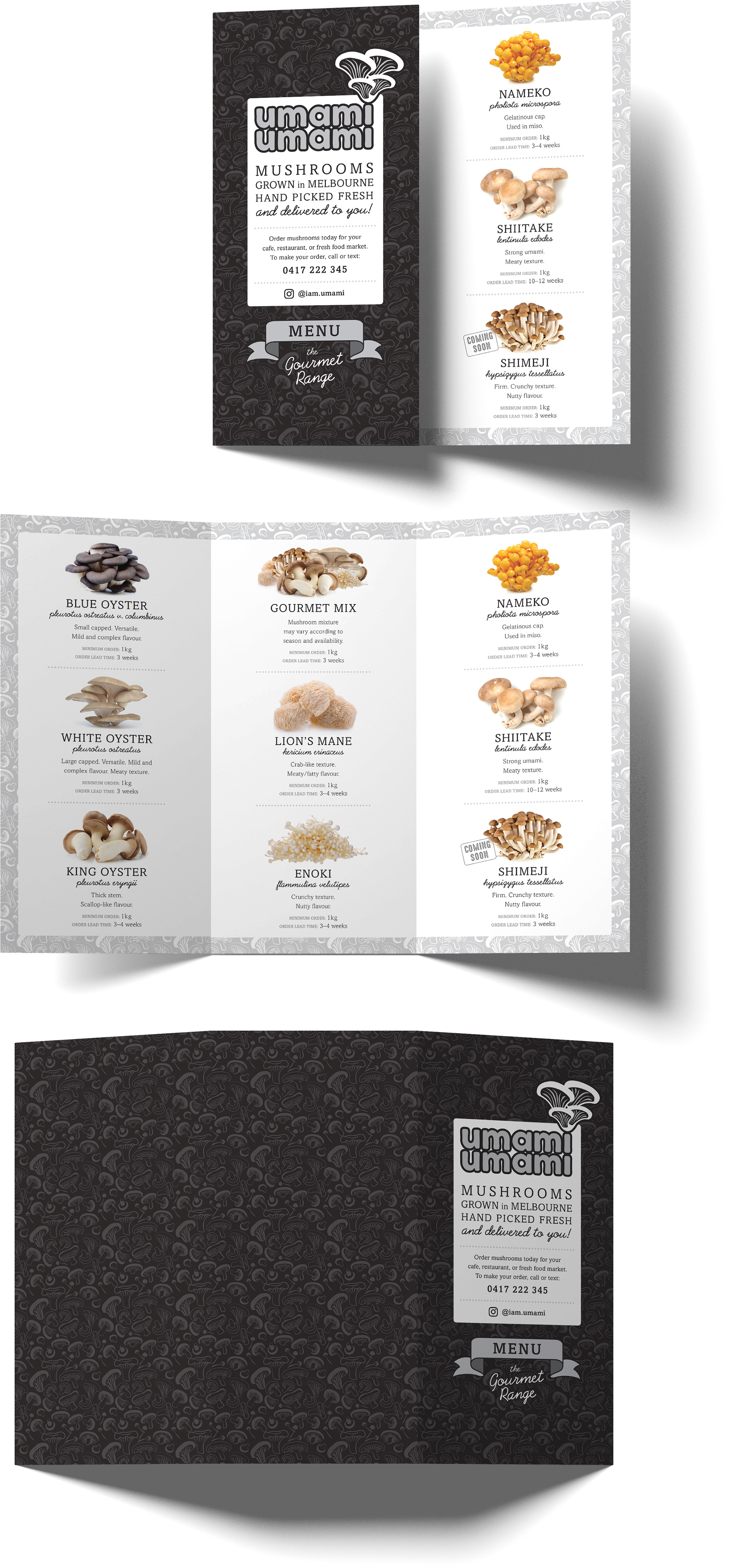 Tri-fold menu design with photos of the range of mushrooms available..