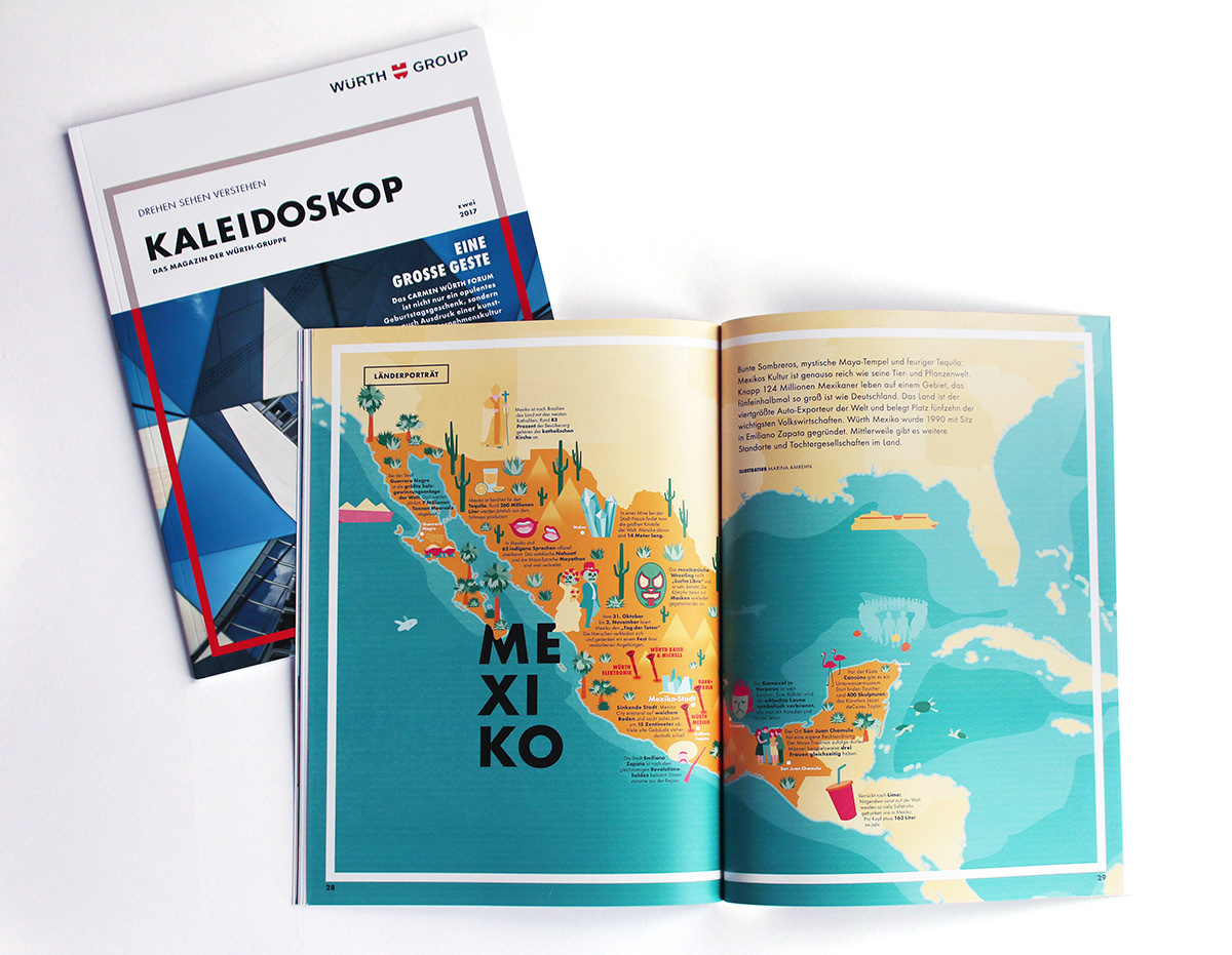 Doppelseitige Illustration im Magazin mit Mexiko Karte